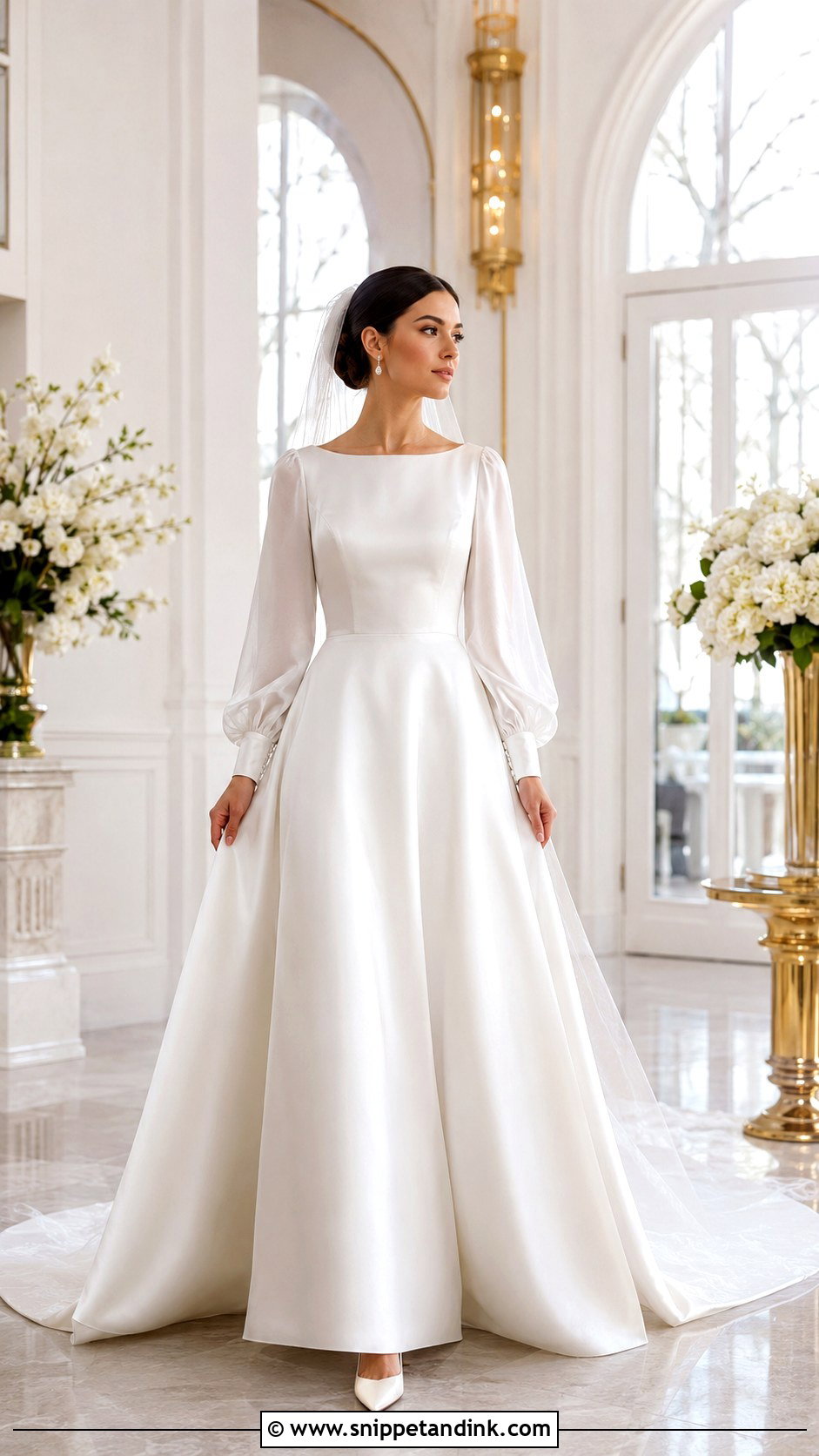 Satin Boat Neck Wedding Dress With Bishop Sleeves - Snippet and Ink - 20 Boat Neck Wedding Dress with Sleeves