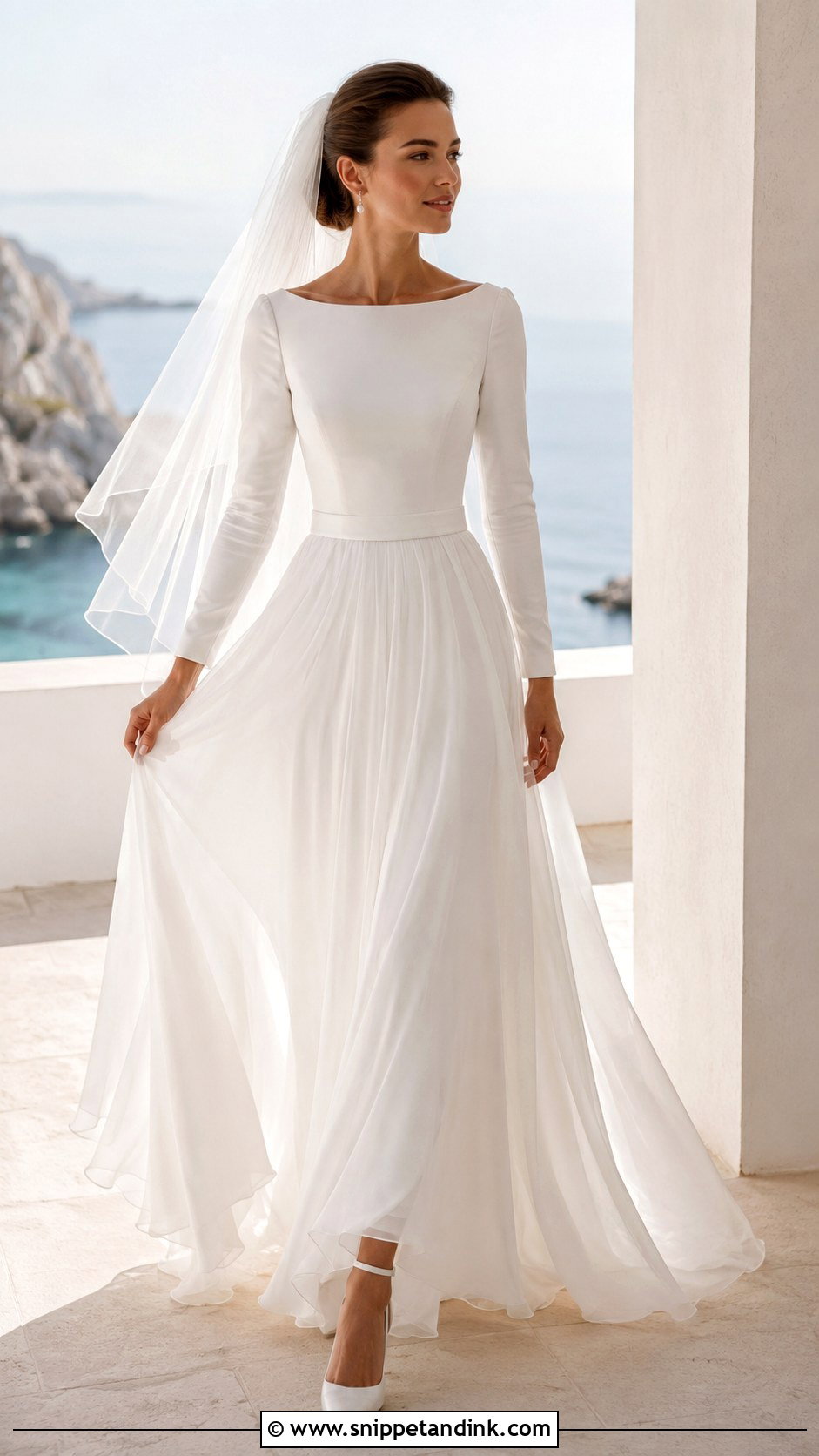 Satin Bodice Chiffon Long Sleeve Wedding Dress - Snippet and Ink - 20 Long Sleeve Flowy Wedding Dress Ideas