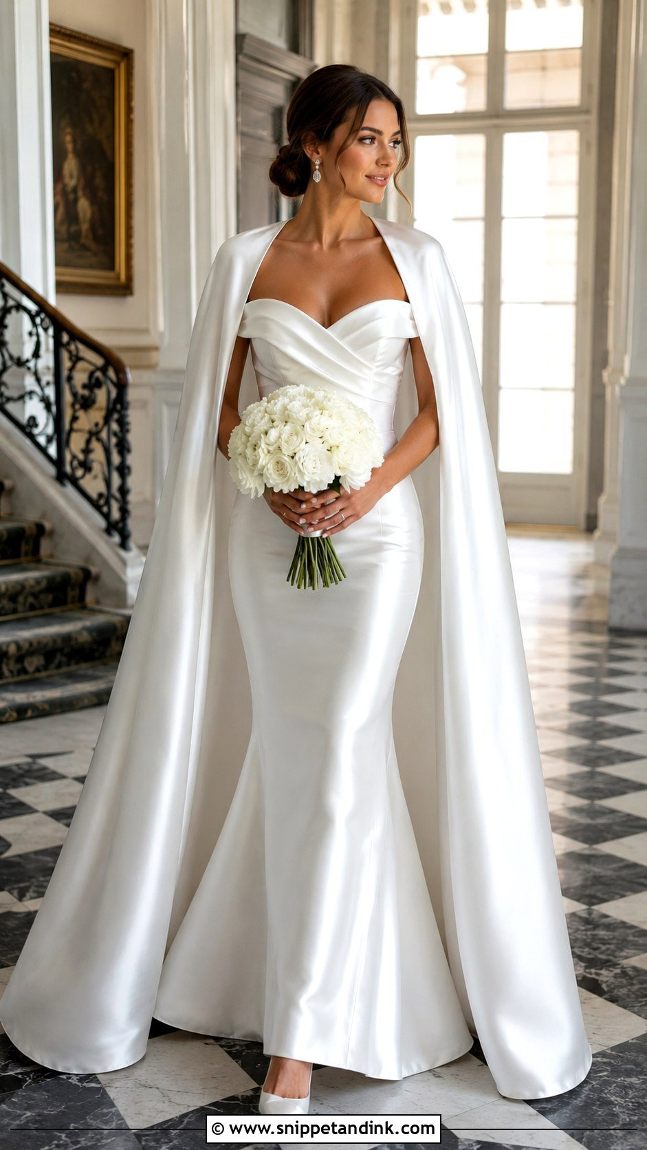 Satin Bridal Cloak With Off Shoulder Gown - Snippet and Ink - 20 Bridal Cloak Ideas