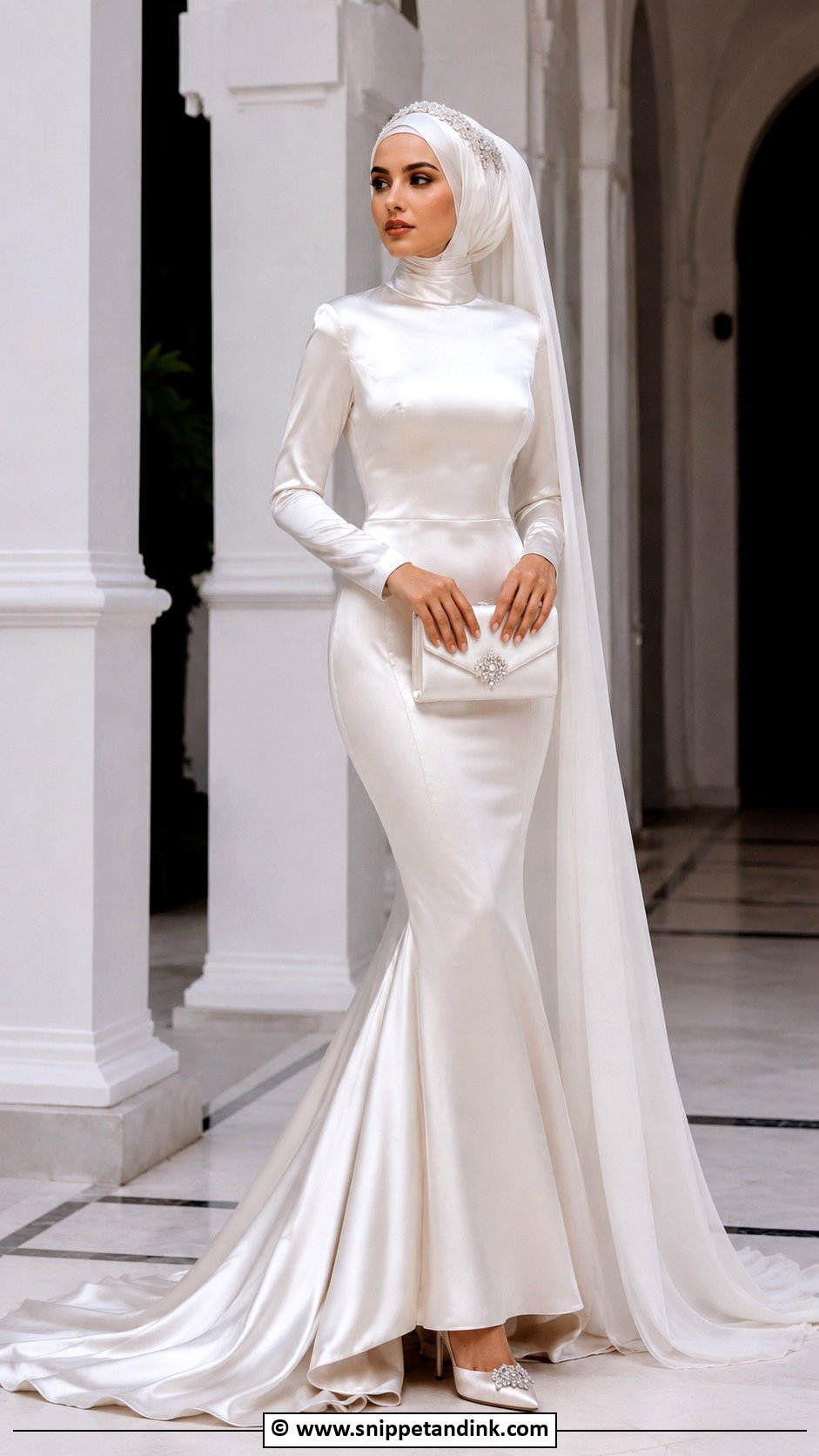 Satin Bridal Hijab With Mermaid Dress - Snippet and Ink - 30 Bridal Hijab Styles