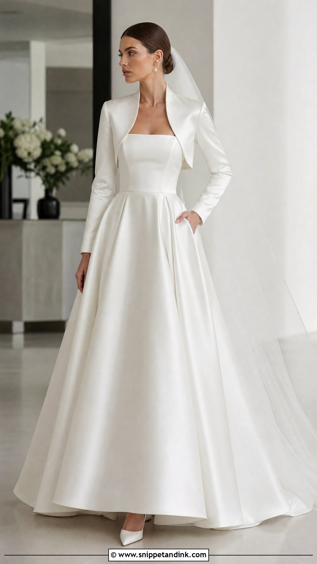 Satin Bridal Jacket With Strapless Wedding Dress - Snippet and Ink - 20 Wedding Dress Topper Long Sleeve Ideas