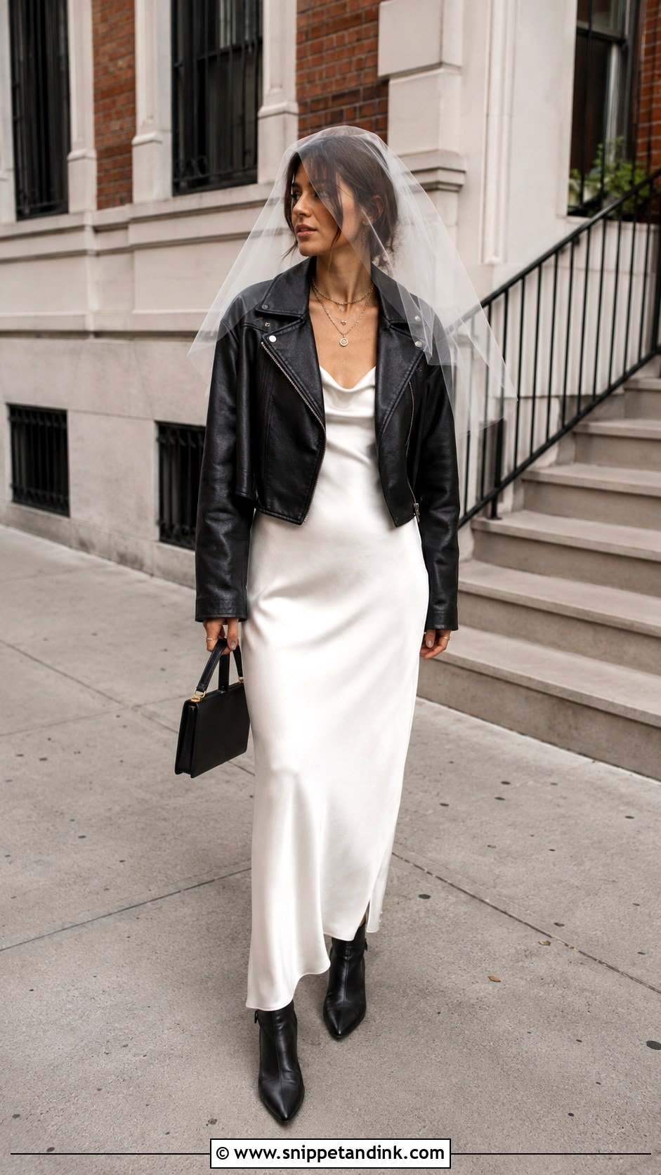 Satin Bridal Slip Dress With Leather Jacket - Snippet and Ink - 20 Alternative Bridal Ideas