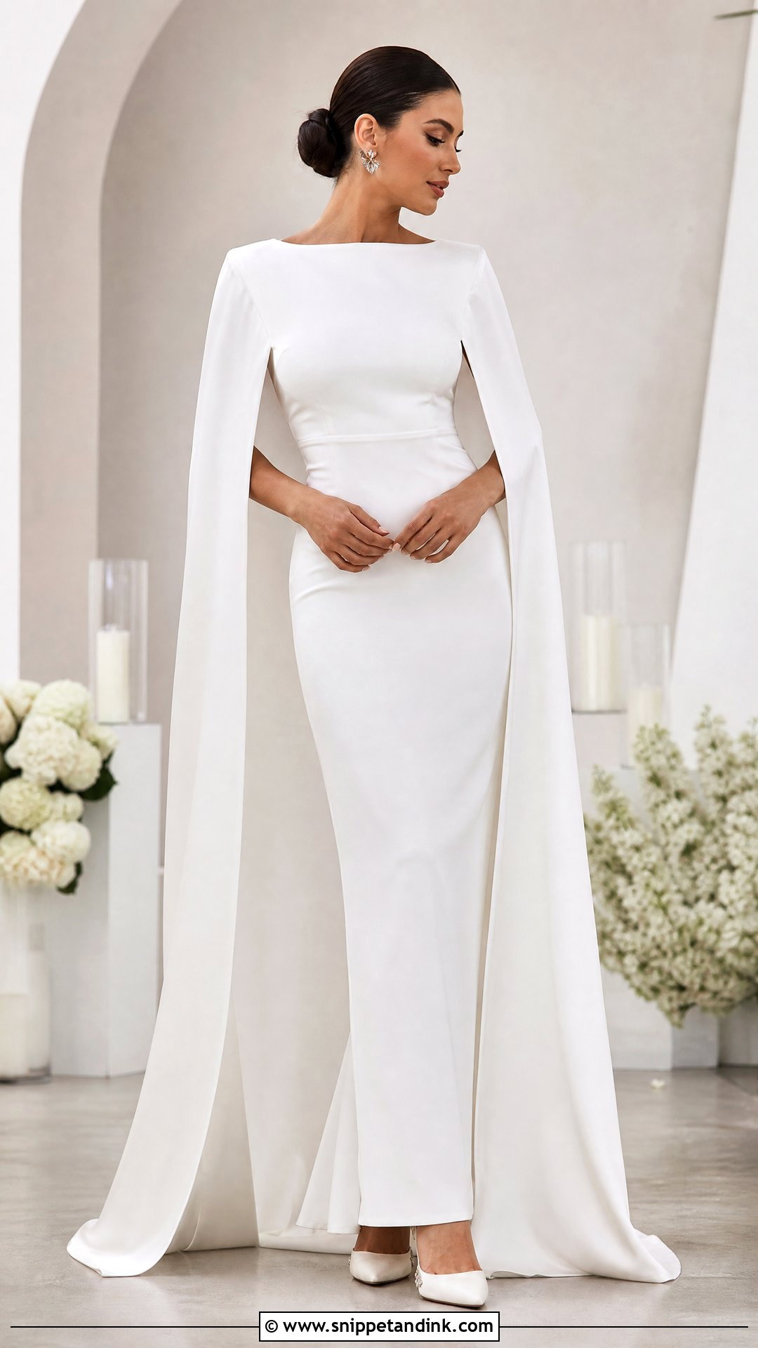 Satin Bride Cape With Crepe Wedding Dress - Snippet and Ink - 25 Bride Cape Ideas