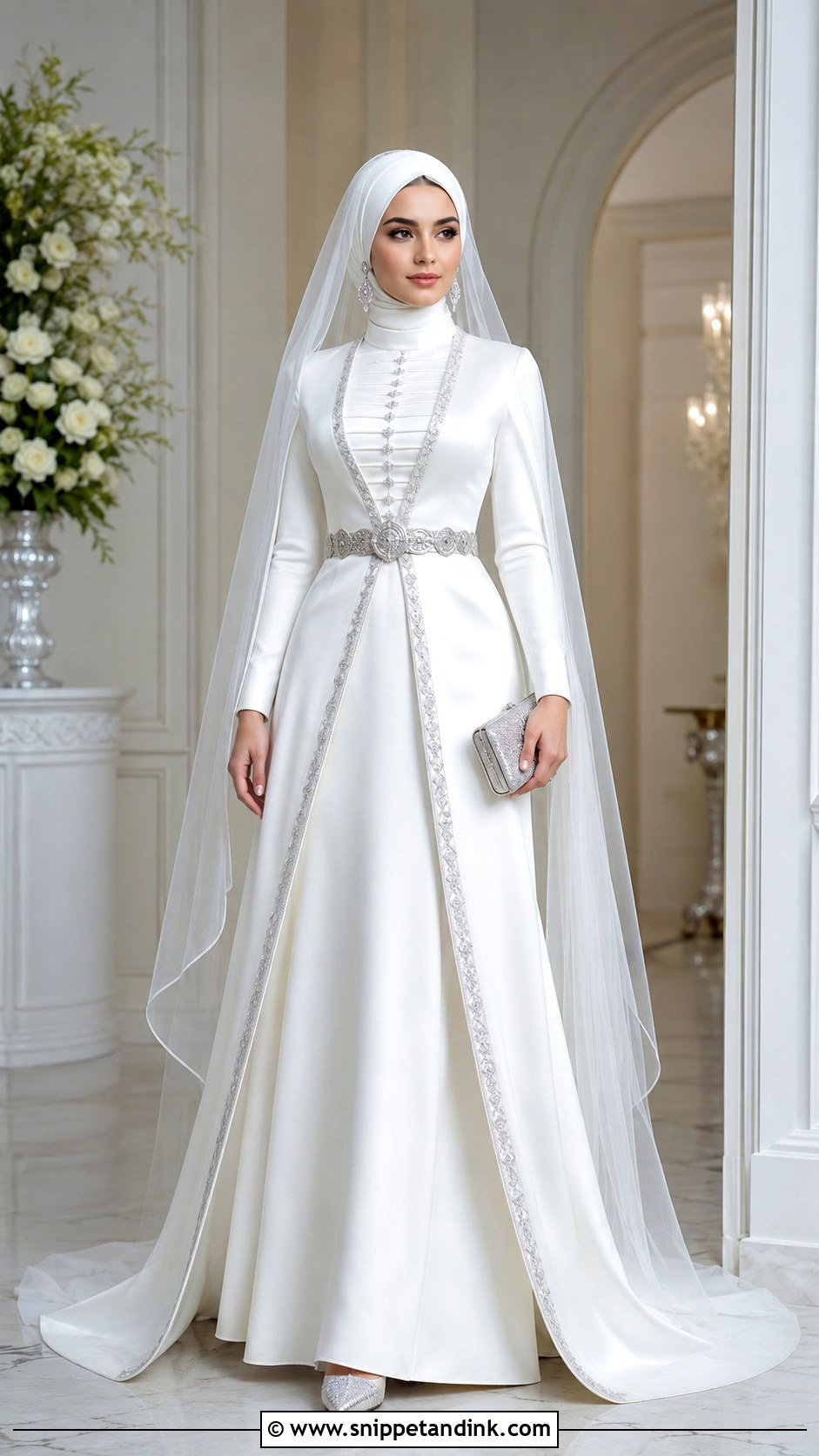 Satin Chechen Wedding Dress With Silver Belt - Snippet and Ink - 20 Chechen Wedding Dresses