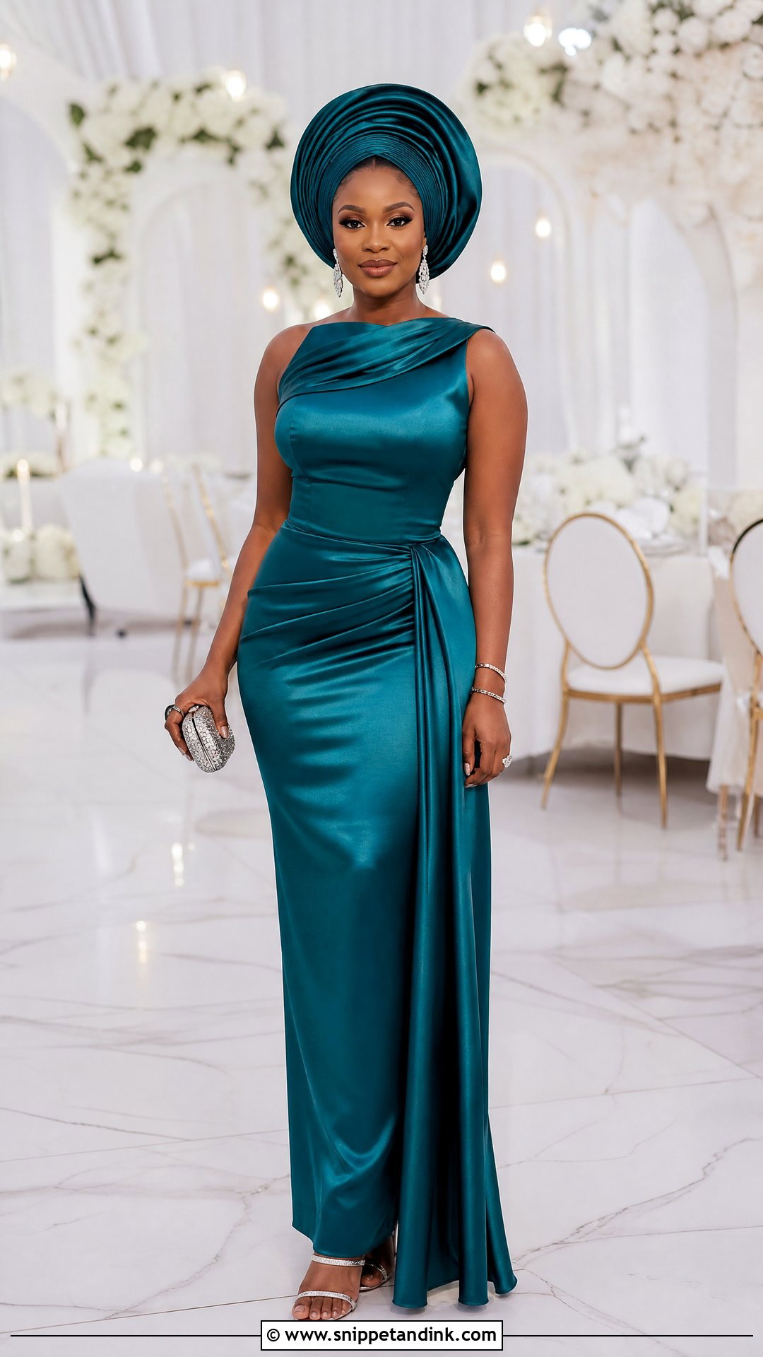 Satin Column Gown With Gele Wedding Outfit - Snippet and Ink - 20 Nigerian Wedding Outfits
