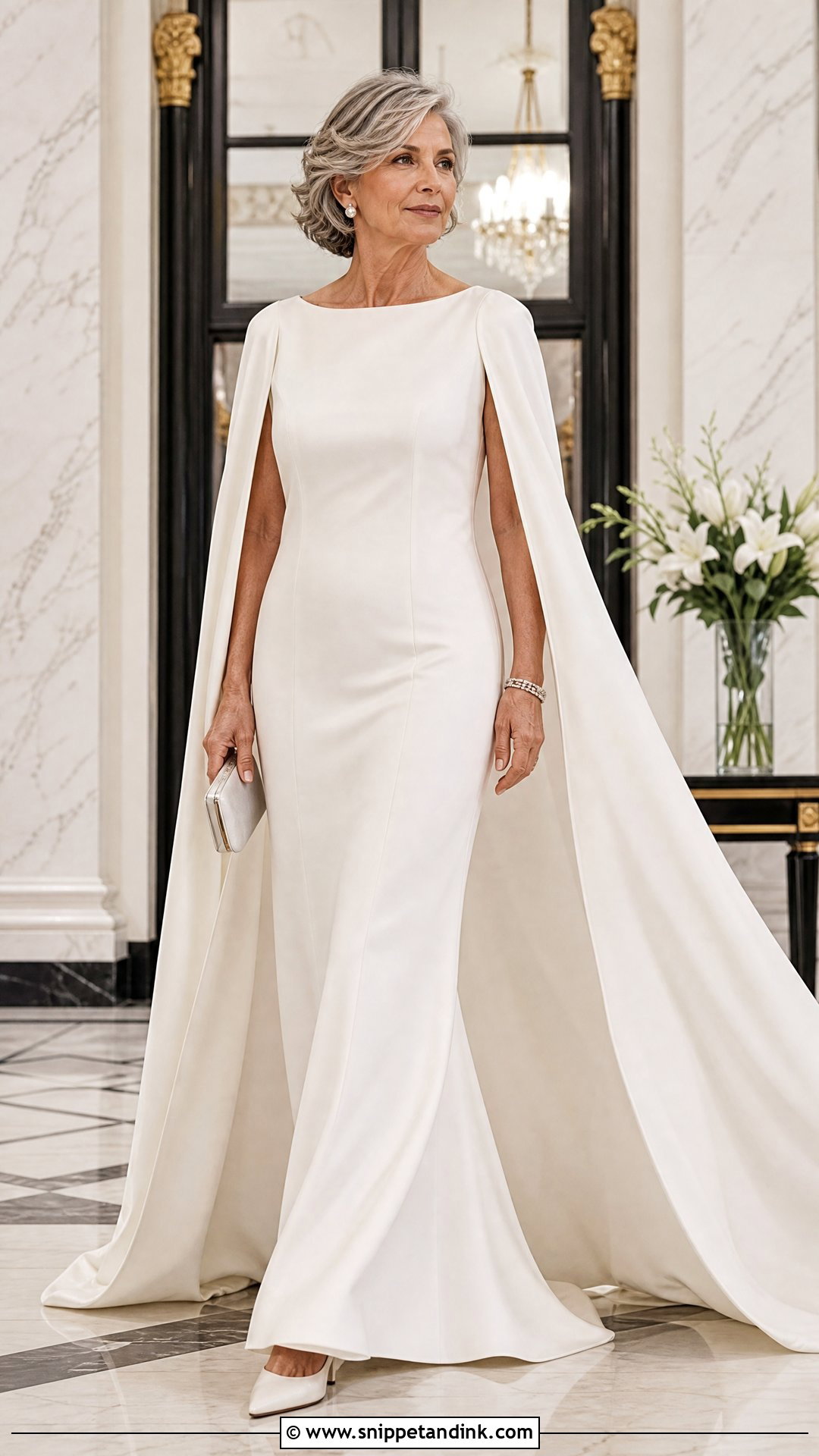 Satin Column Wedding Dress With Cape - Snippet and Ink - 20 Older Women Wedding Dresses