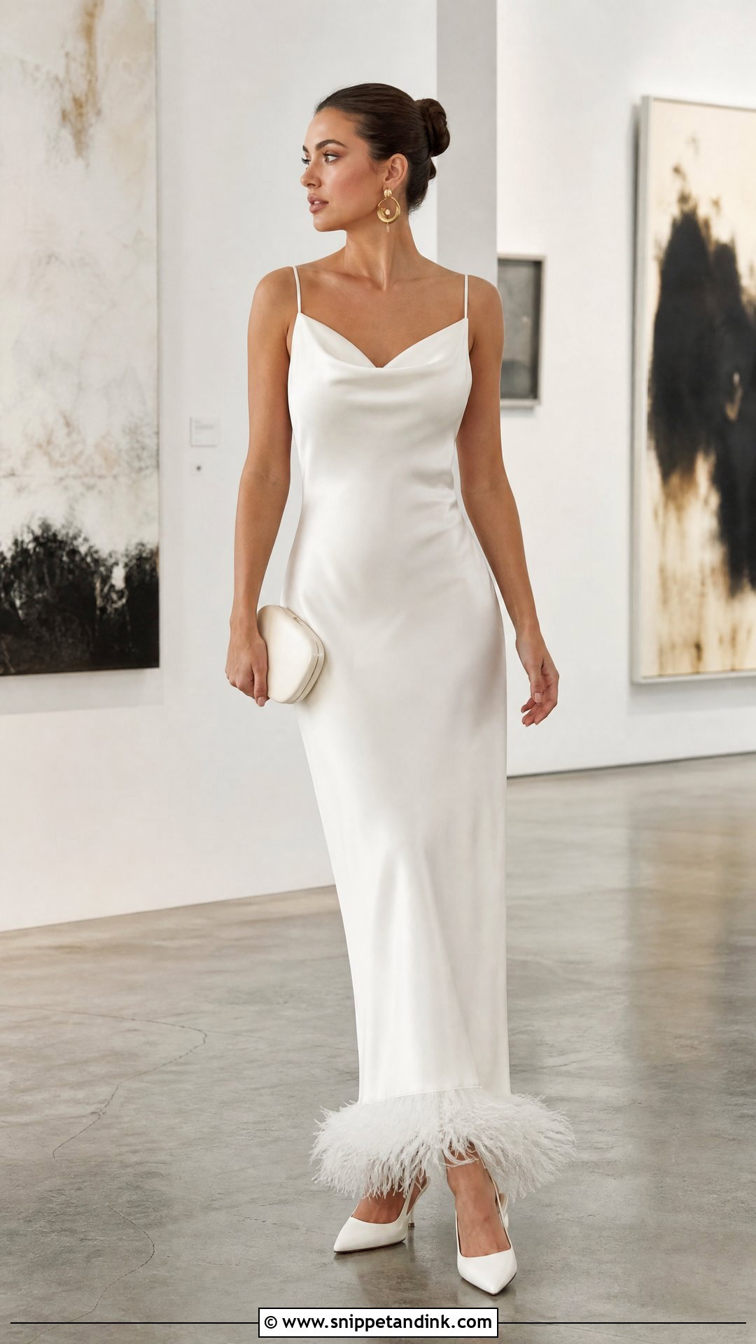 Satin Column Wedding Dress With Feather Trim - Snippet and Ink - 20 Wedding Dress with Feathers Ideas