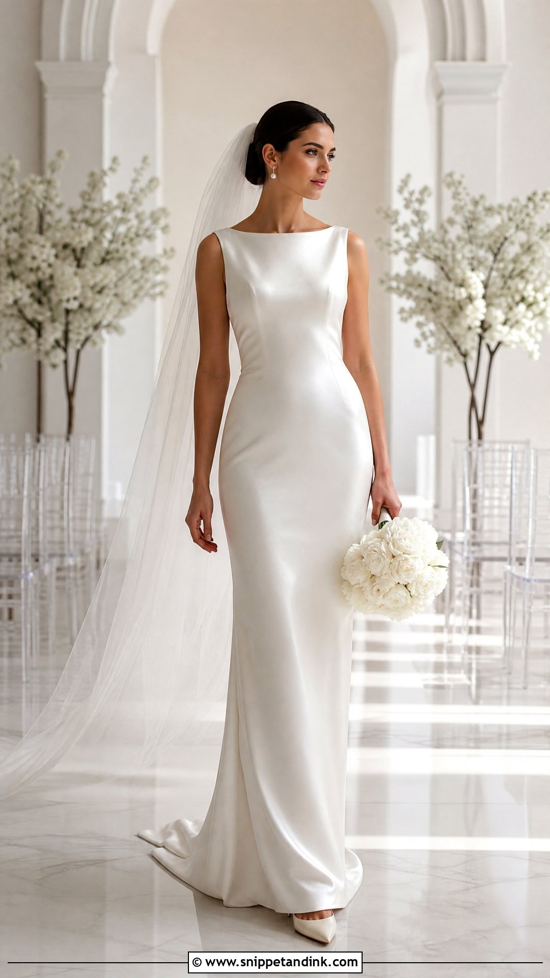 Satin Column Wedding Dress With Pearl Earrings - Snippet and Ink - 20 Sleek Wedding Dresses