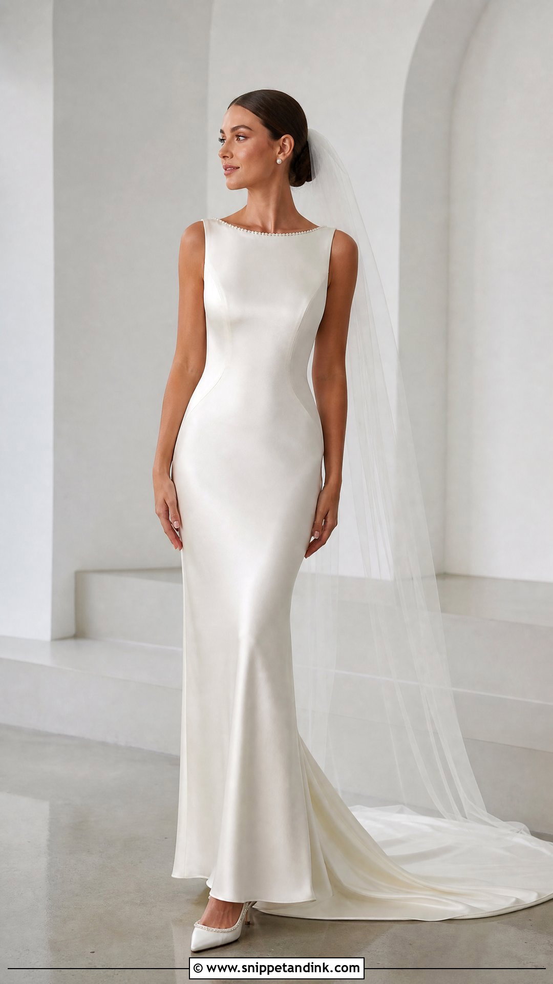 Satin Column Wedding Dress With Pearl Neckline - Snippet and Ink - 20 Satin and Pearl Wedding Dress Ideas