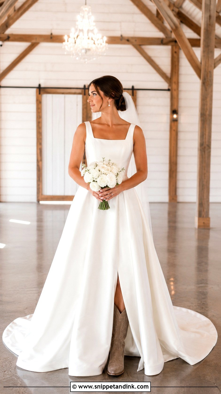 Satin Country Wedding Gown With Suede Cowboy Boots - Snippet and Ink - 20 Country Wedding Gowns