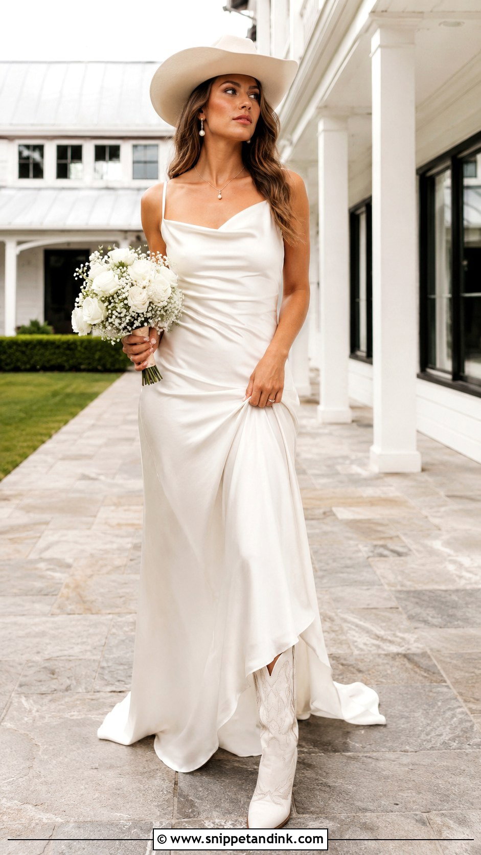 Satin Cowboy Wedding Dress With Hat - Snippet and Ink - 20 Cowboy Wedding Dress Ideas