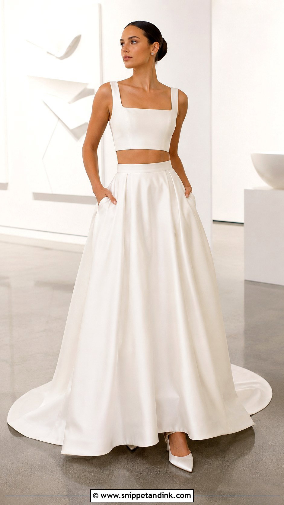 Satin Crop Top Wedding Dress With A Line Skirt - Snippet and Ink - 20 Crop Top Wedding Dress Ideas
