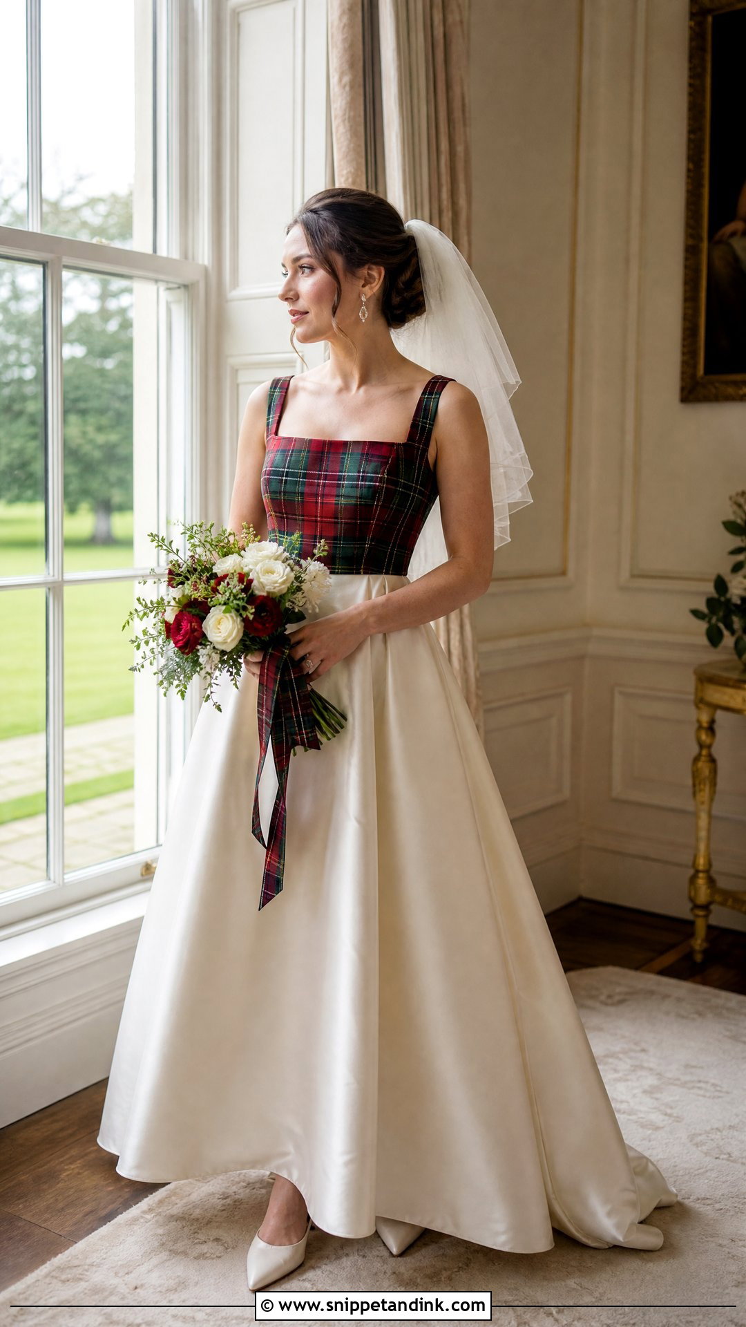 Satin Dress With Tartan Bodice Scottish Wedding Dress - Snippet and Ink - 20 Scottish Wedding Dresses
