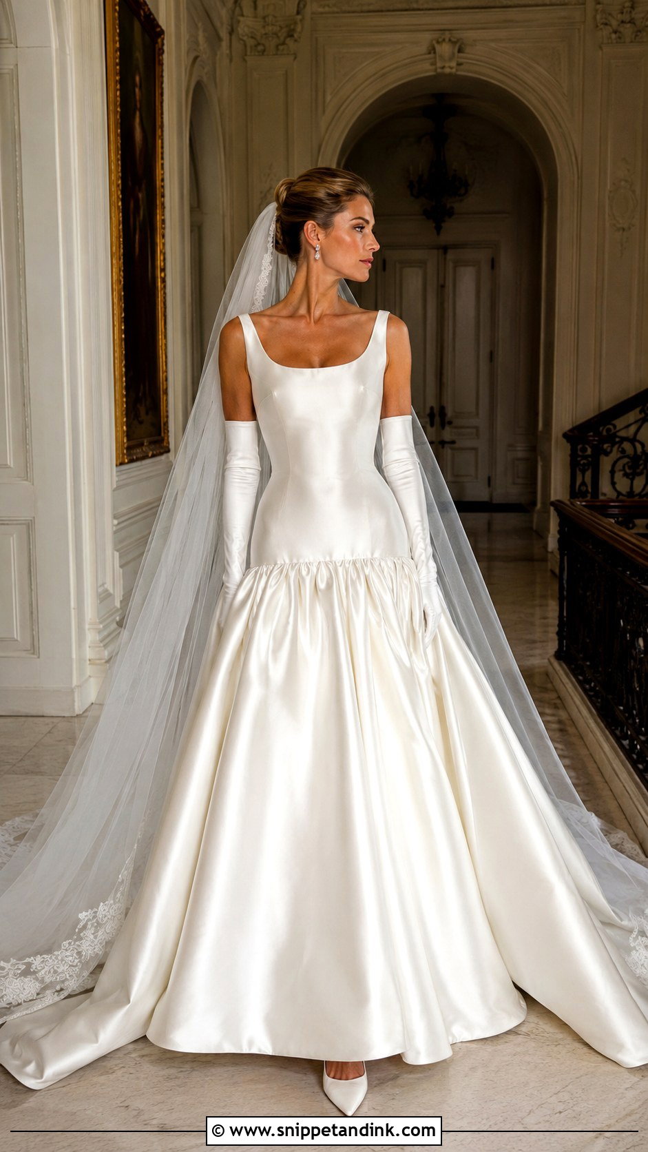 Satin Drop Waist Wedding Dress With Gloves - Snippet and Ink - 20 Classy Elegant Satin Wedding Dress Ideas