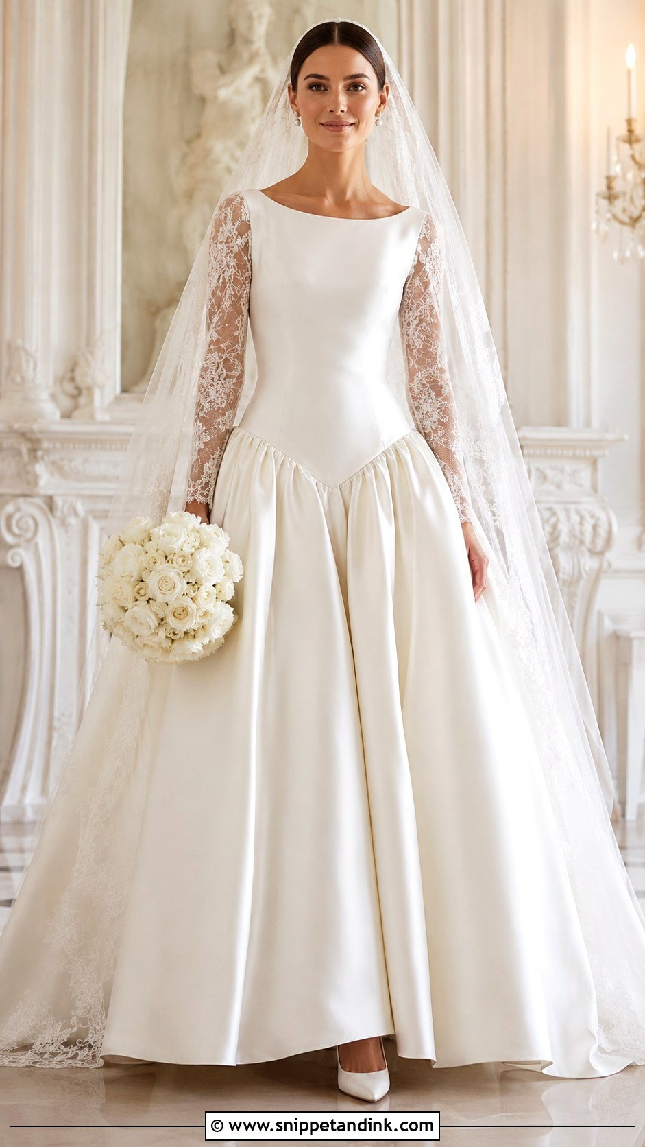 Satin Drop Waist Wedding Dress With Long Lace Sleeves - Snippet and Ink - 20 Drop Waist Wedding Dress with Sleeves
