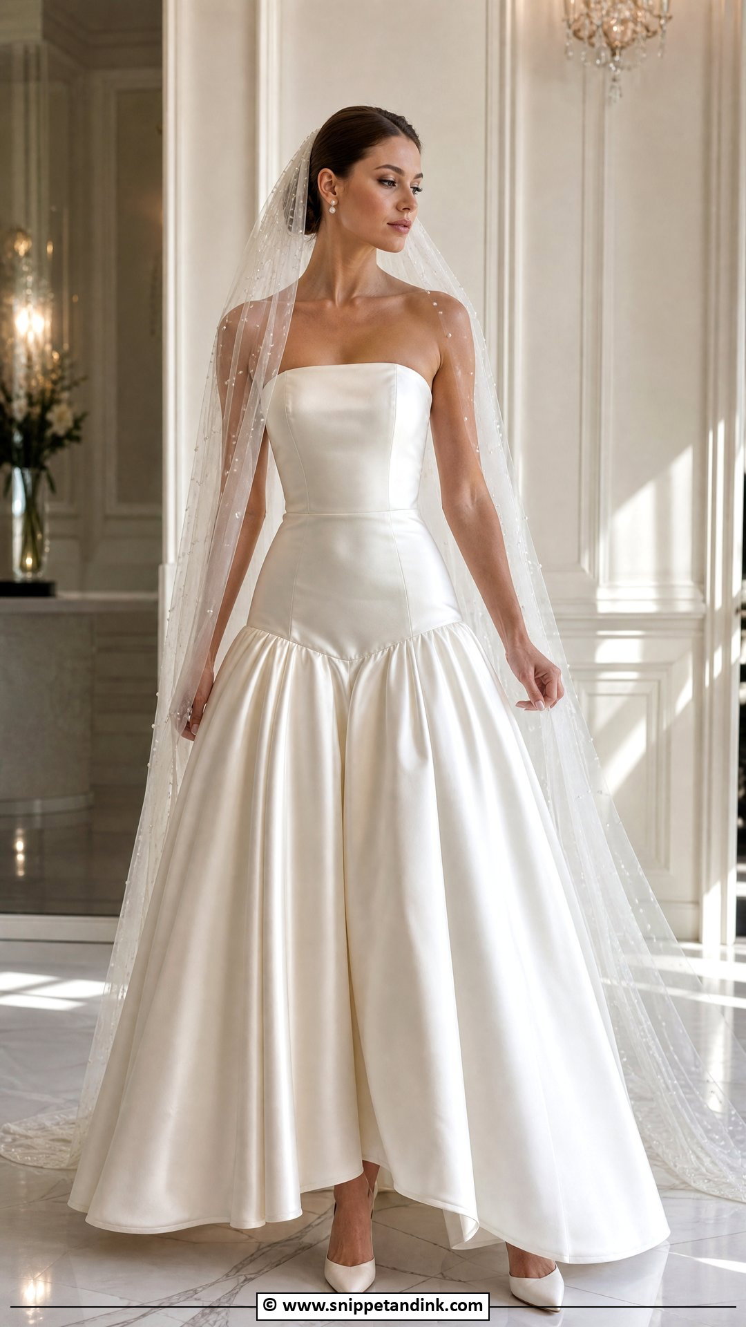 Satin Drop Waist Wedding Dress With Pearl Veil - Snippet and Ink - 35 Drop Waist Wedding Dress Ideas