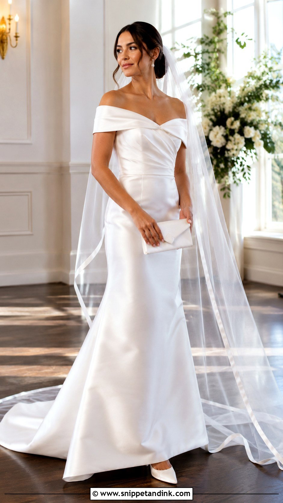 Satin Edge Silk Veil With Off Shoulder Gown - Snippet and Ink - 20 Silk Veil Ideas