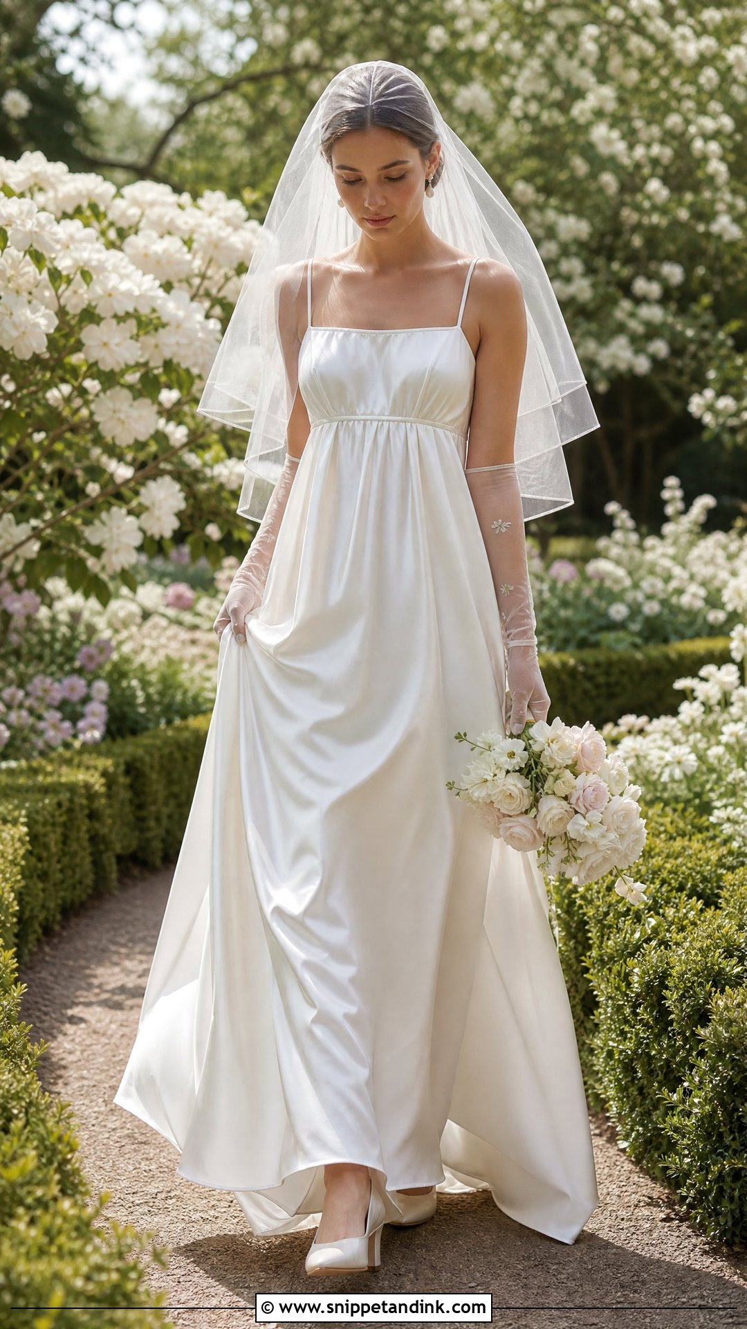 Satin Empire Waist Wedding Dress With Sheer Gloves - Snippet and Ink - 20 Satin Wedding Dress with Gloves Ideas