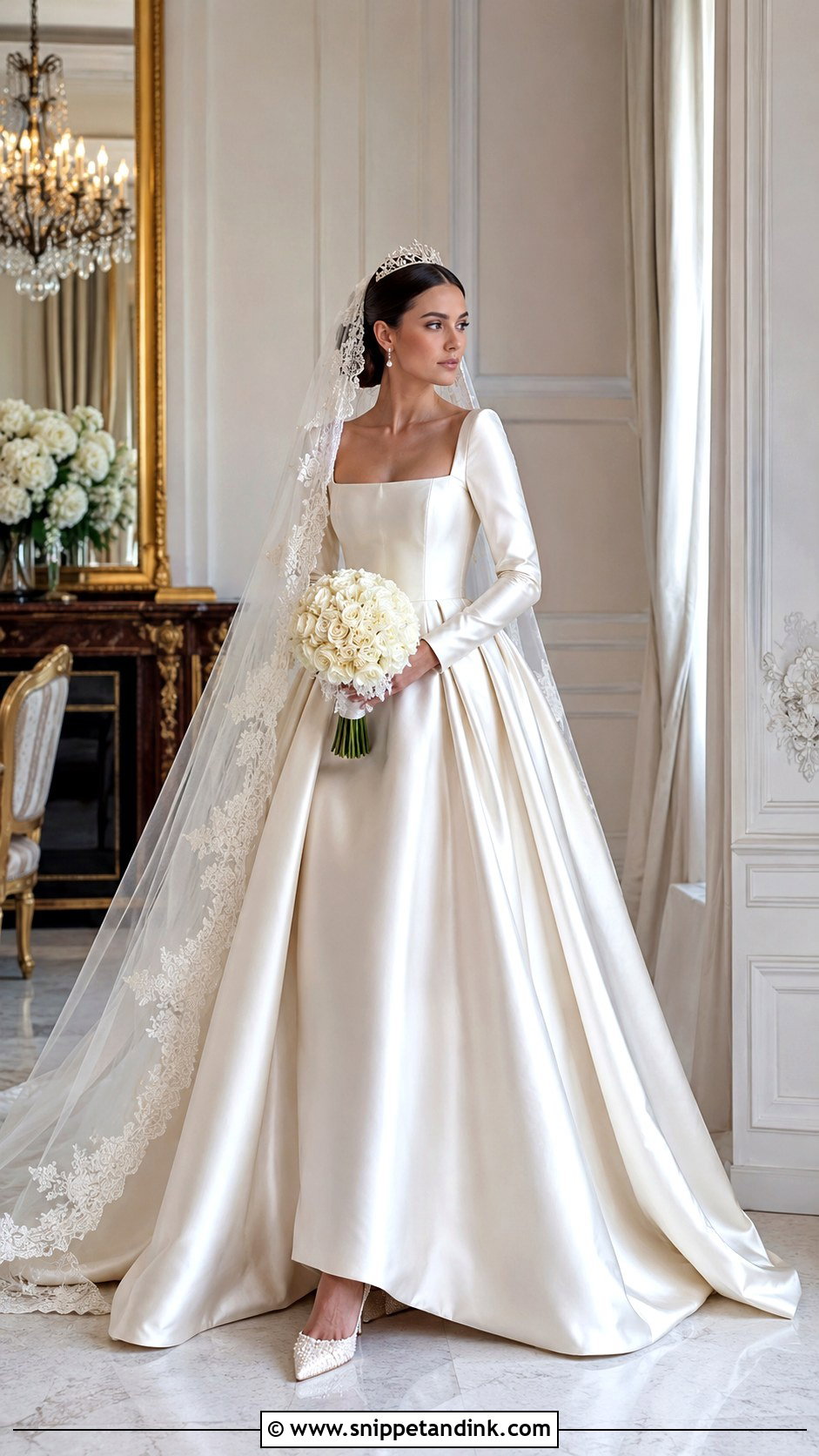 Satin Empress Wedding Dress With Cathedral Veil - Snippet and Ink - 20 Empress Wedding Dress Ideas
