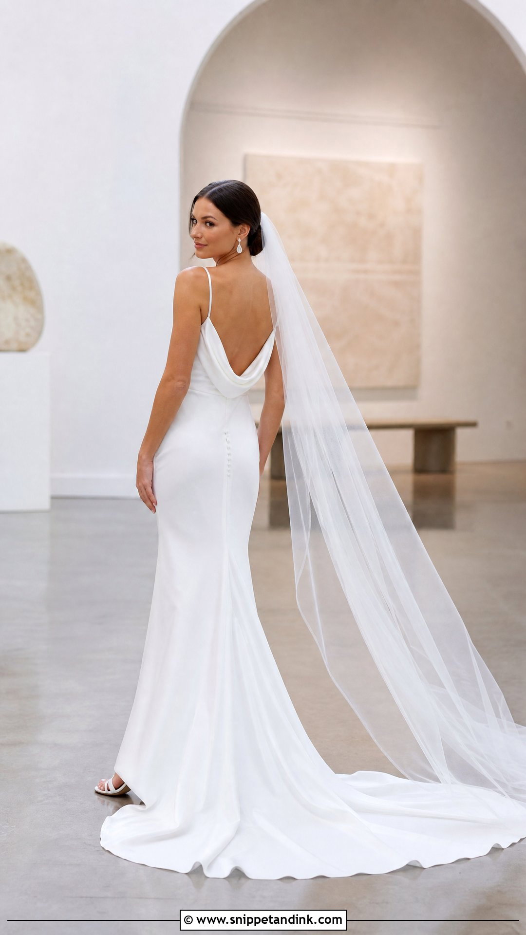 Satin Fit And Flare Cowl Back Wedding Dress - Snippet and Ink - 20 Tight Wedding Dress Open Backs Ideas