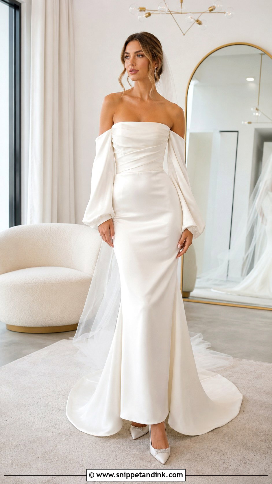 Satin Fit And Flare Wedding Dress With Detachable Sleeves - Snippet and Ink - 25 Satin Fit and Flare Wedding Dress Ideas