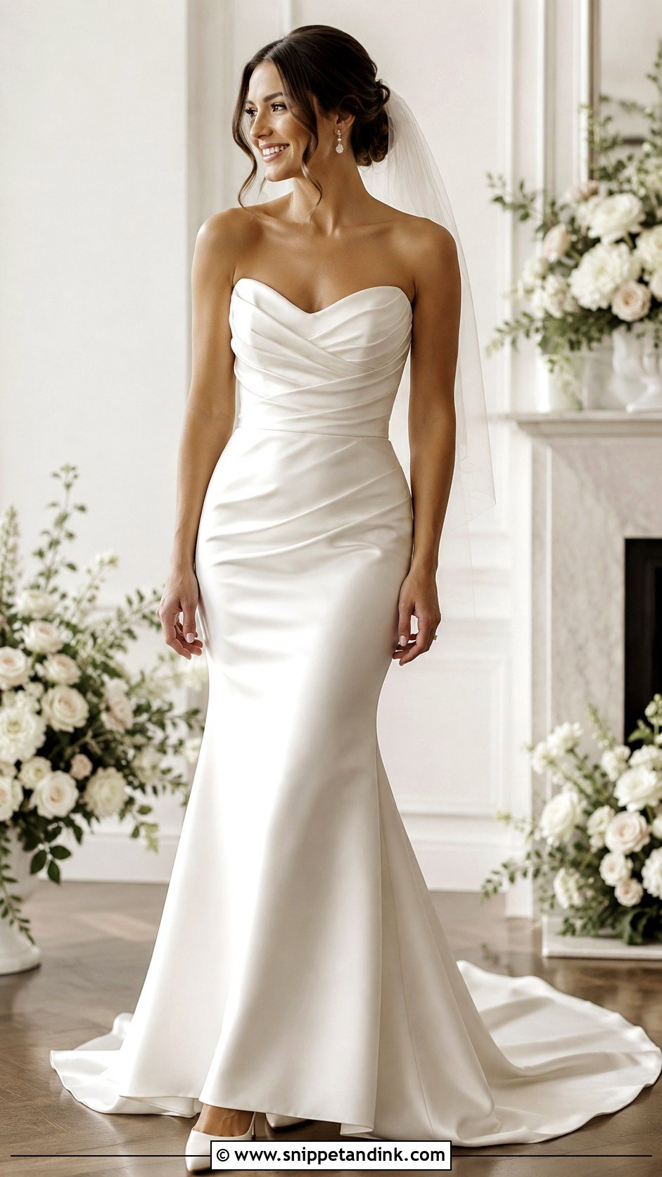 Satin Fit And Flare Wedding Dress With Draped Bodice - Snippet and Ink - 25 Satin Fit and Flare Wedding Dress Ideas