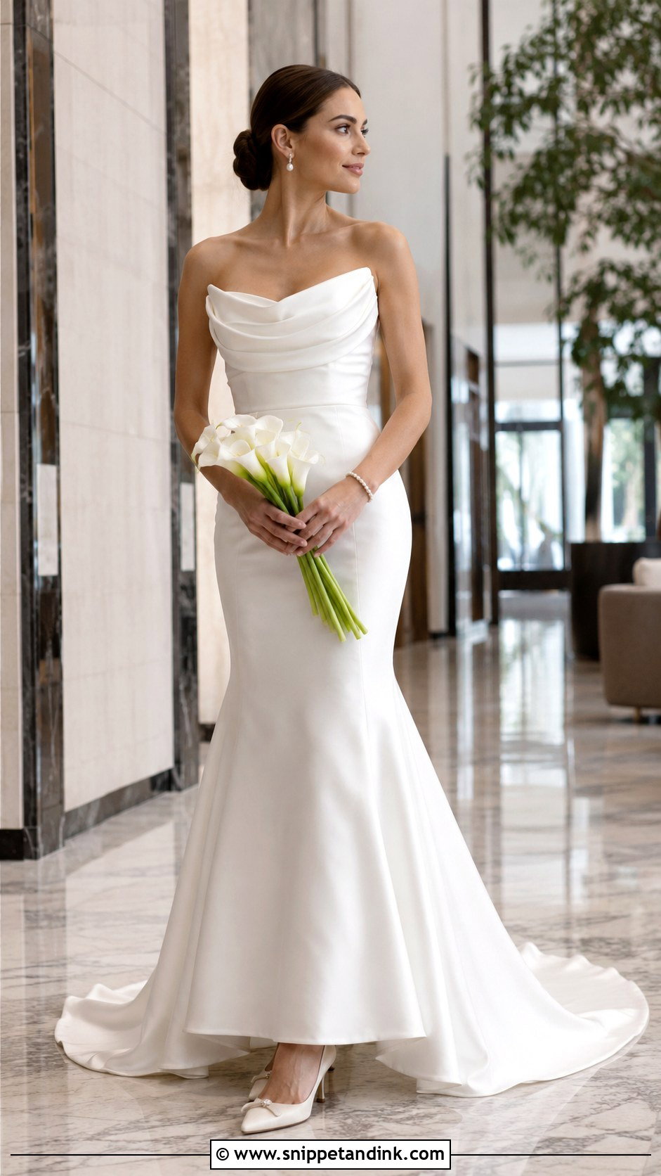 Satin Fit And Flare Wedding Dress With Pearl Jewelry - Snippet and Ink - 20 Flare Wedding Dress Ideas