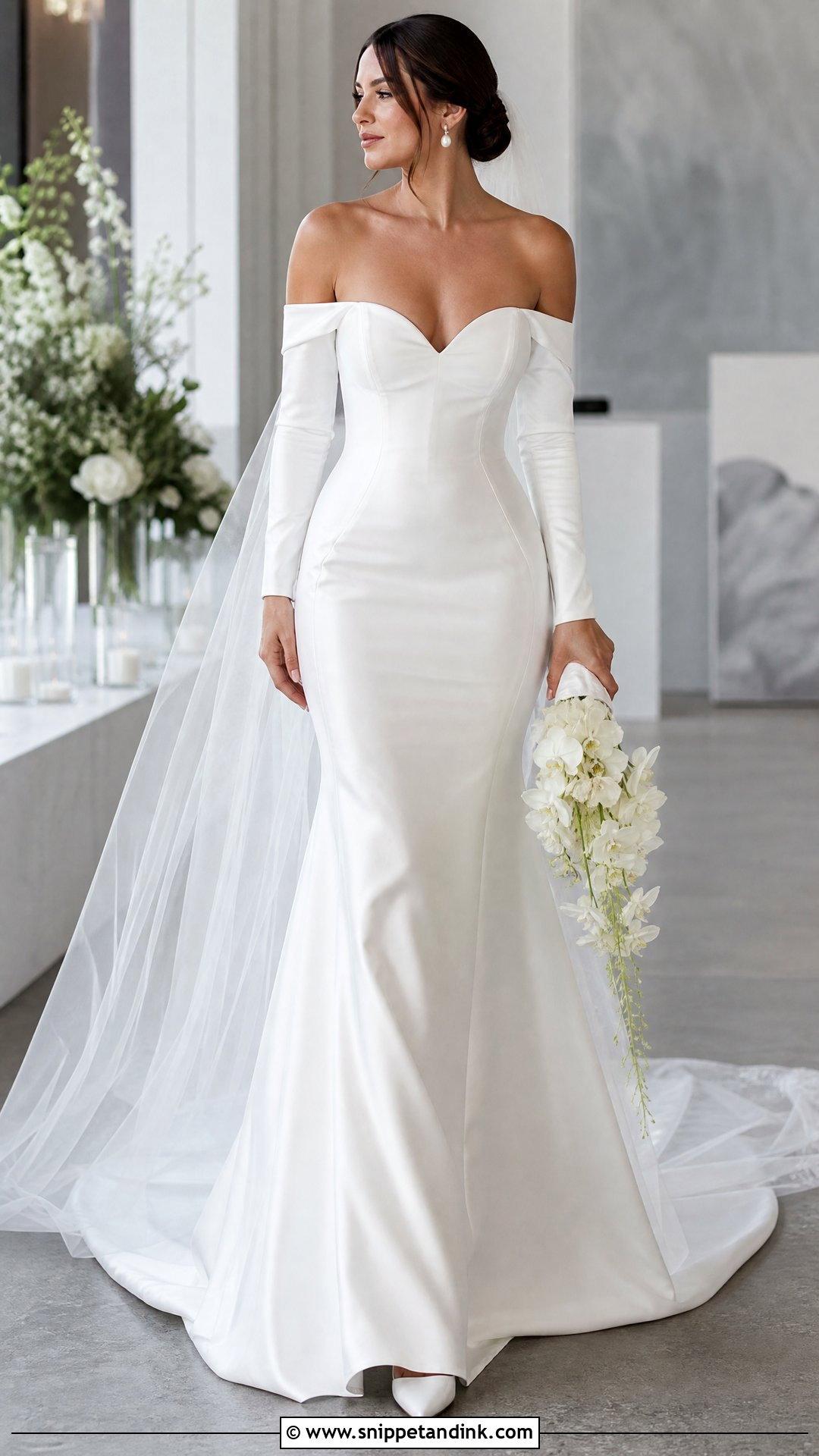 Satin Fit and Flare Off the Shoulder Wedding Dress - Snippet and Ink - 20 Simple Long Wedding Dress with Off the Shoulder Sleeves