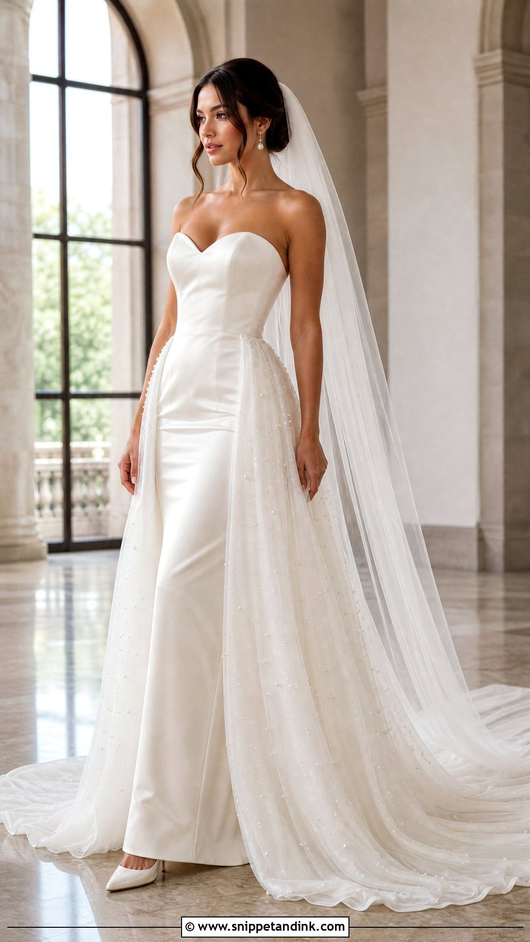 Satin Fit and Flare Wedding Dress With Pearl Overskirt - Snippet and Ink - 20 Satin and Pearl Wedding Dress Ideas