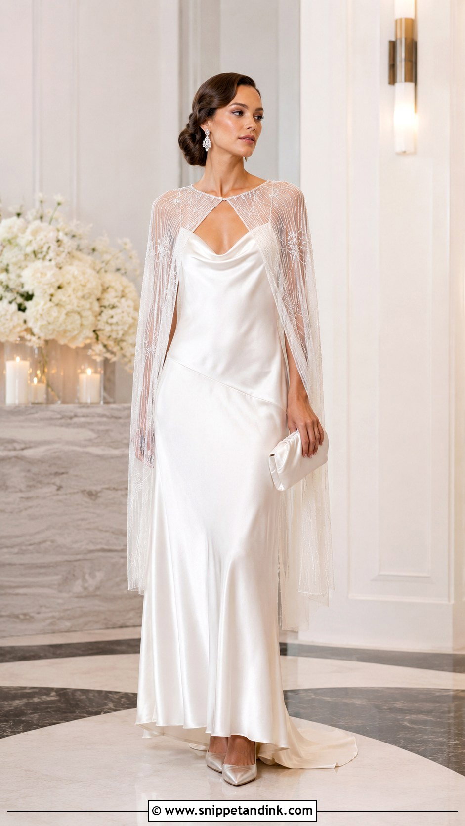 Satin Flapper Wedding Dress With Draped Cape - Snippet and Ink - 20 Flapper Wedding Dress Ideas