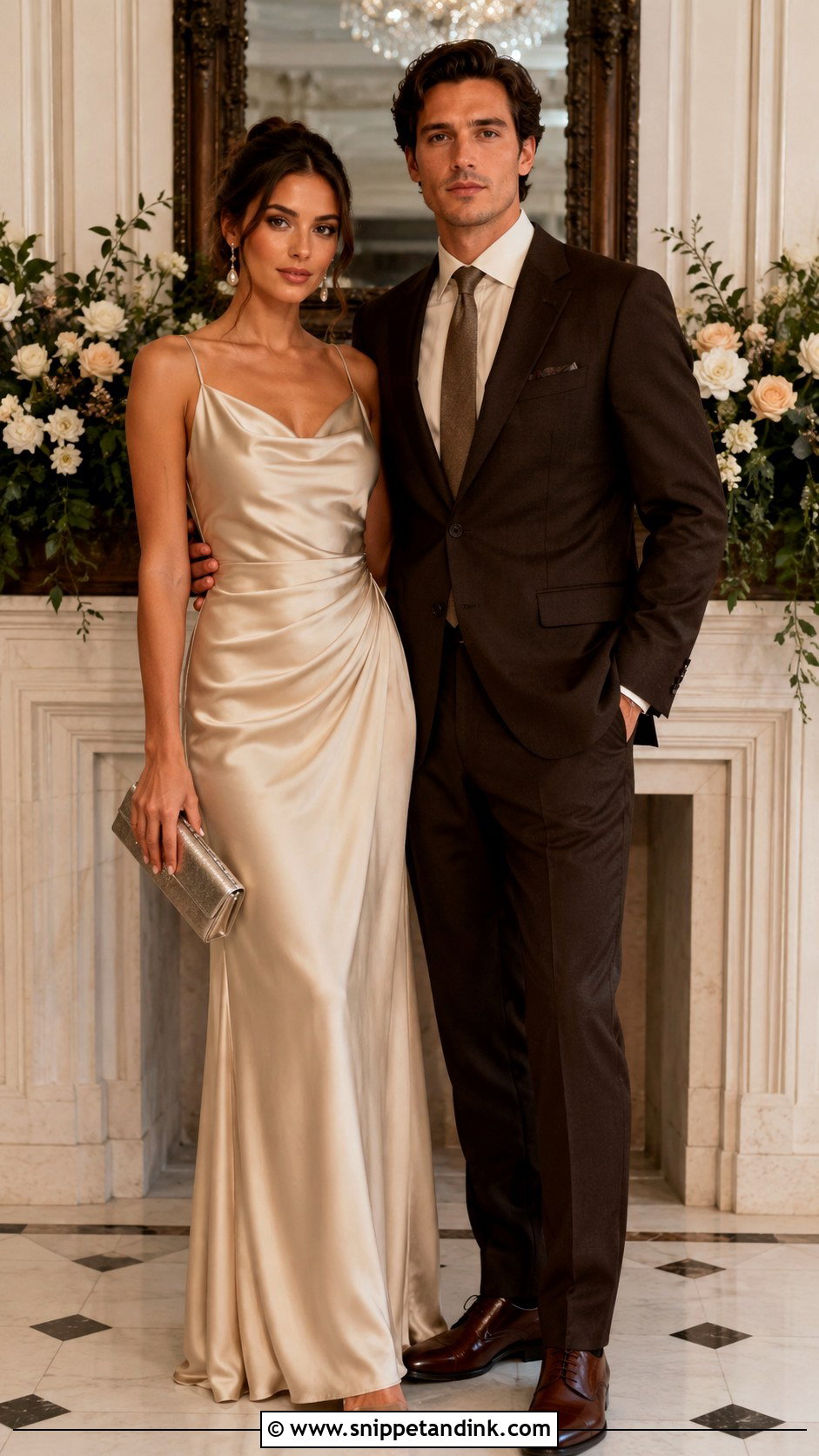 Satin Gown And Brown Suit Couple Wedding Outfit - Snippet and Ink - 20 Couple Matching Wedding Outfits