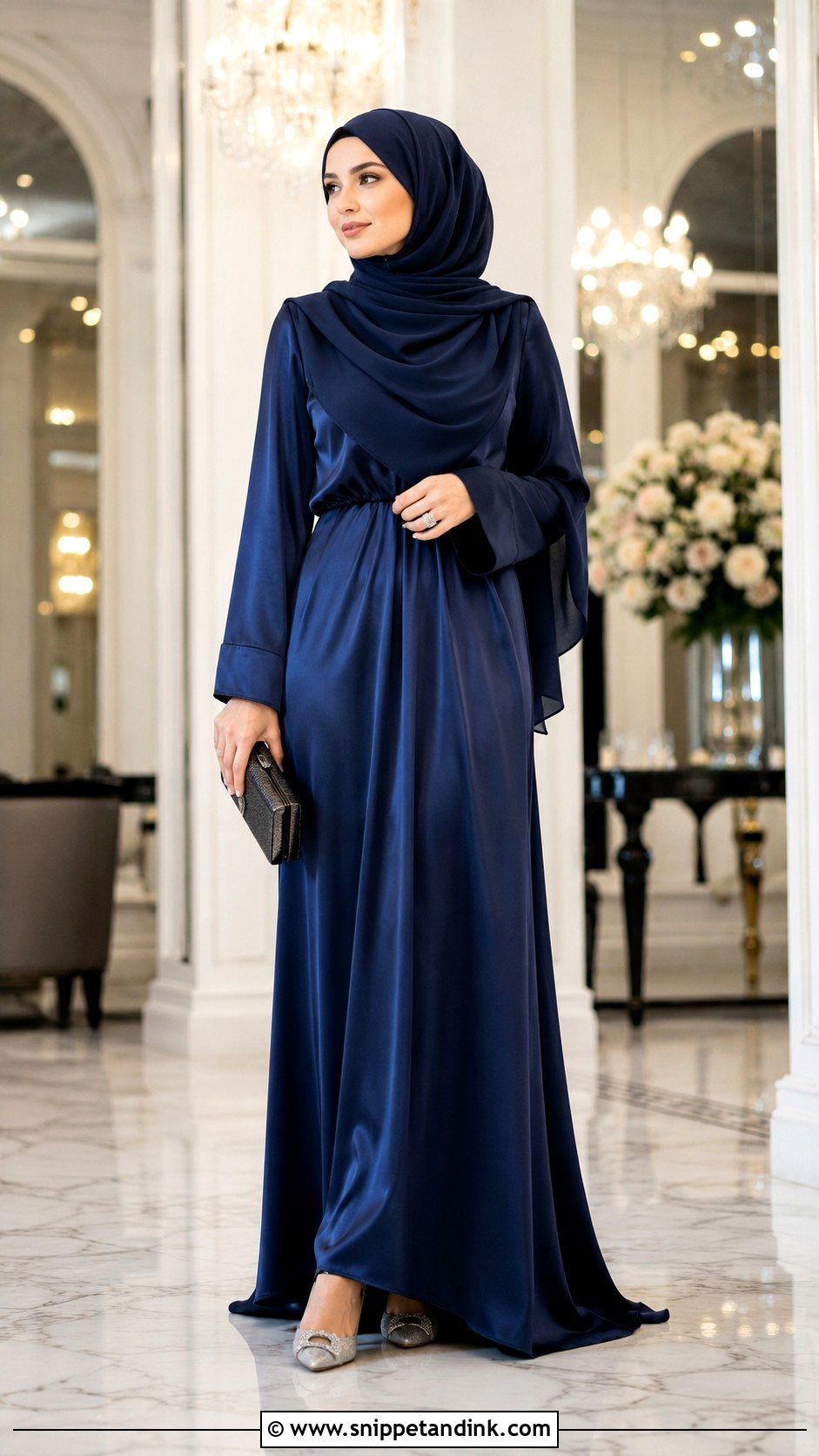 Satin Gown And Draped Hijab Wedding Outfit - Snippet and Ink - 20 Hijab Outfit Wedding Ideas
