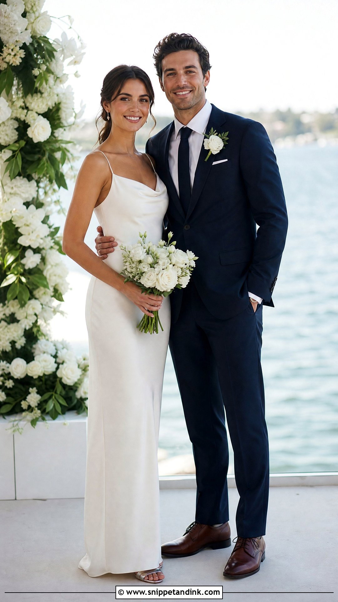 Satin Gown And Navy Suit Wedding Outfit - Snippet and Ink - 25 Wedding Outfits for Couples