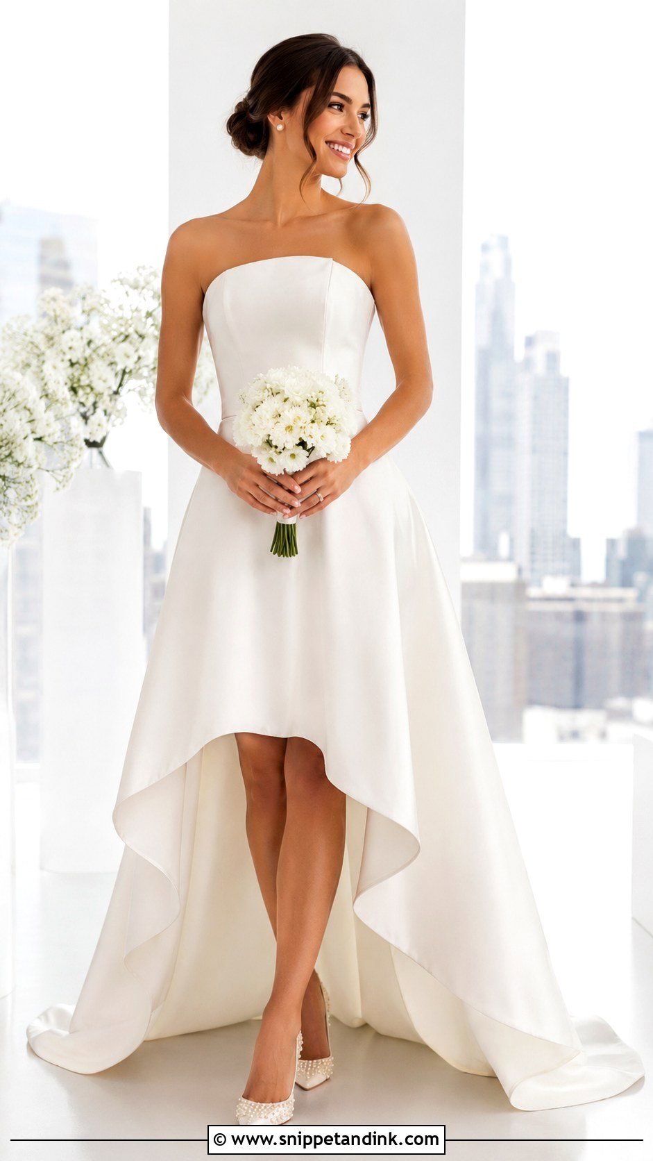 Satin High Low Wedding Dress With Pearl Heels - Snippet and Ink - 25 High Low Wedding Dress Ideas