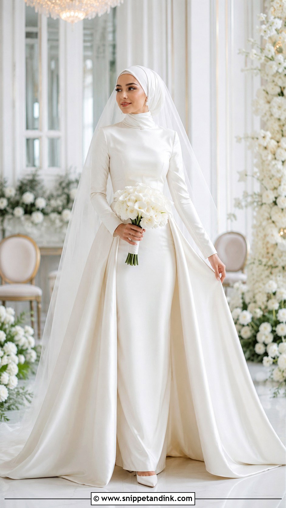 Satin Hijab Bridal Dress With Overskirt - Snippet and Ink - 20 Hijab Bridal Dress Ideas