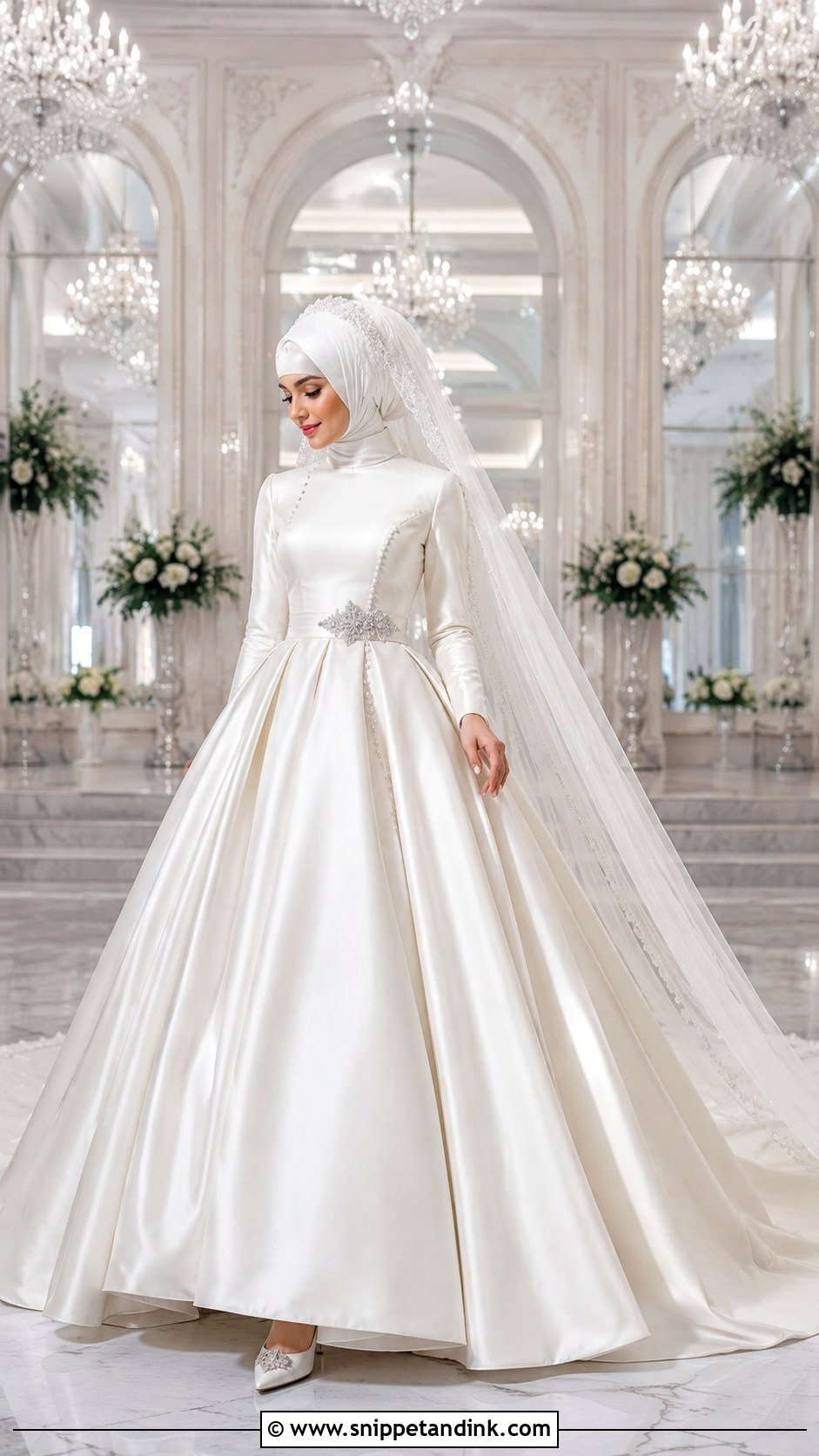 Satin Islamic Bridal Ball Gown With Veil - Snippet and Ink - 20 Islamic Bride Dress Ideas