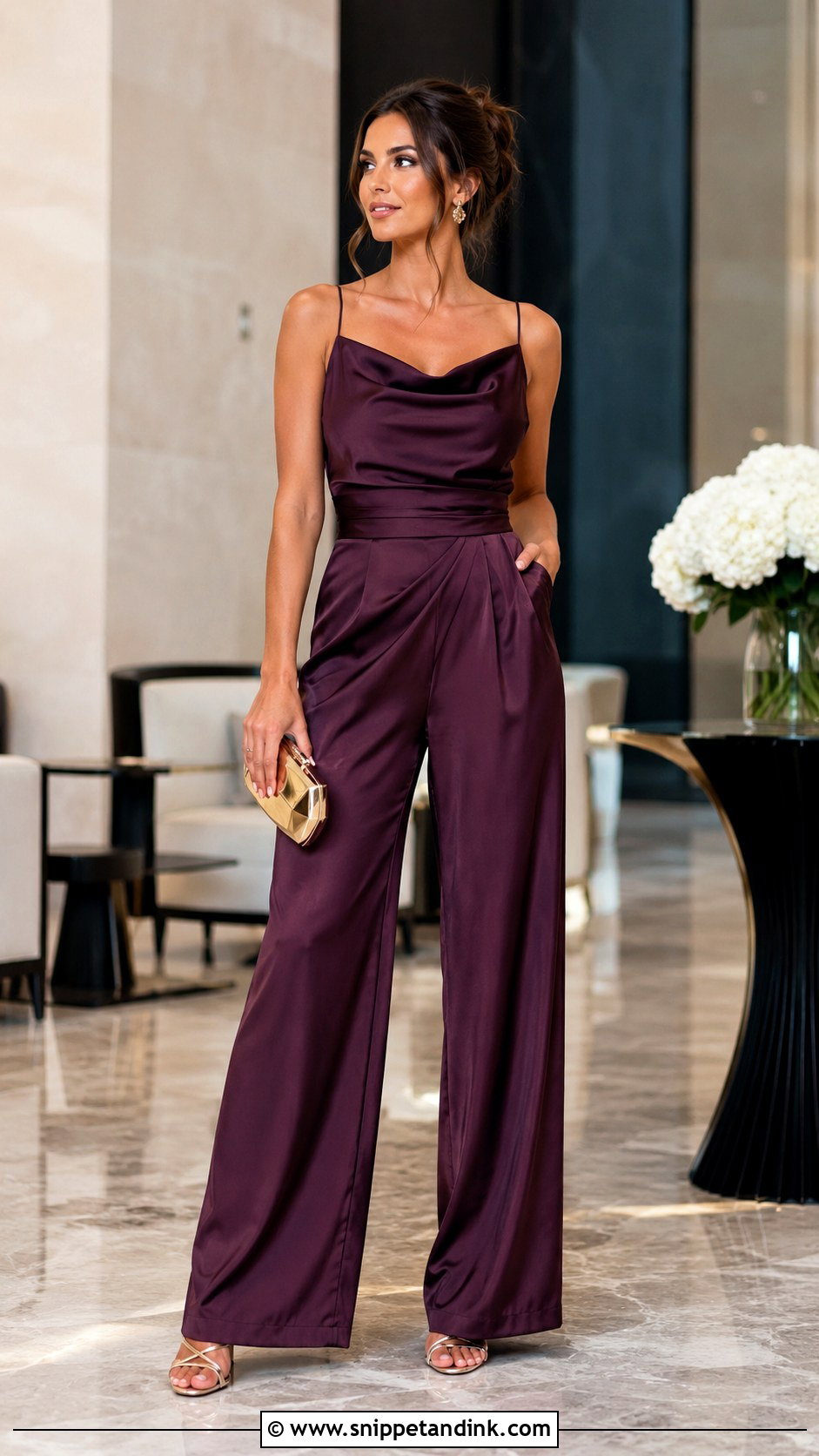 Satin Jumpsuit Wedding Guest Outfit - Snippet and Ink - 25 Jumsute Outfit Wedding Ideas