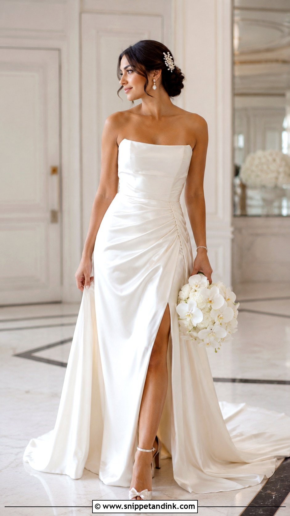Satin Latina Wedding Dress With Pearl Accessories - Snippet and Ink - 25 Latina Wedding Dress Ideas