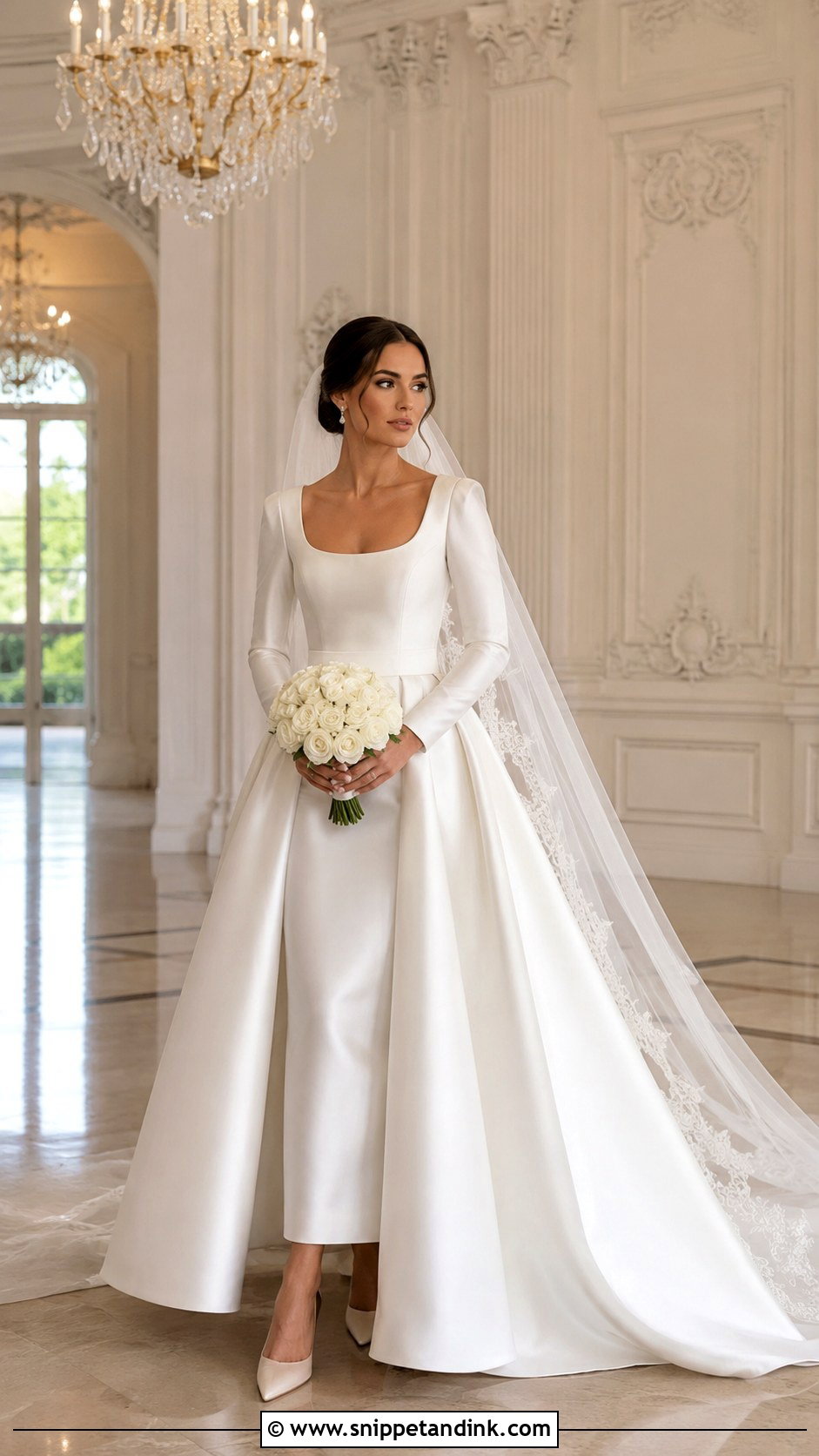 Satin Long Sleeve Basque Waist Wedding Dress - Snippet and Ink - 20 Long Sleeve Basque Waist Wedding Dress Ideas