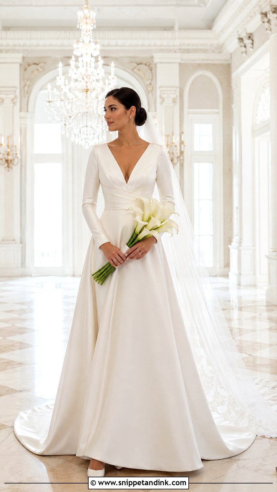 Satin Long Sleeve V Neck A Line Wedding Dress - Snippet and Ink - 20 V Neck a Line Wedding Dress Ideas