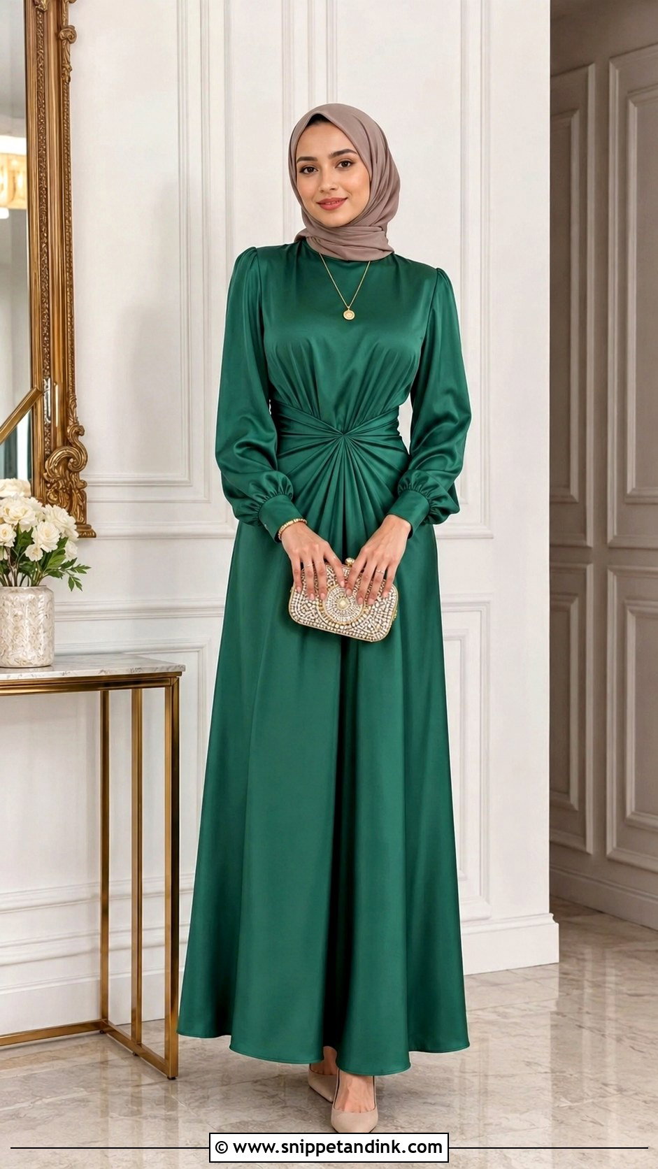 Satin Maxi Dress With Neutral Hijab - Snippet and Ink - 20 Ied Mubarak Outfit Hijab Ideas