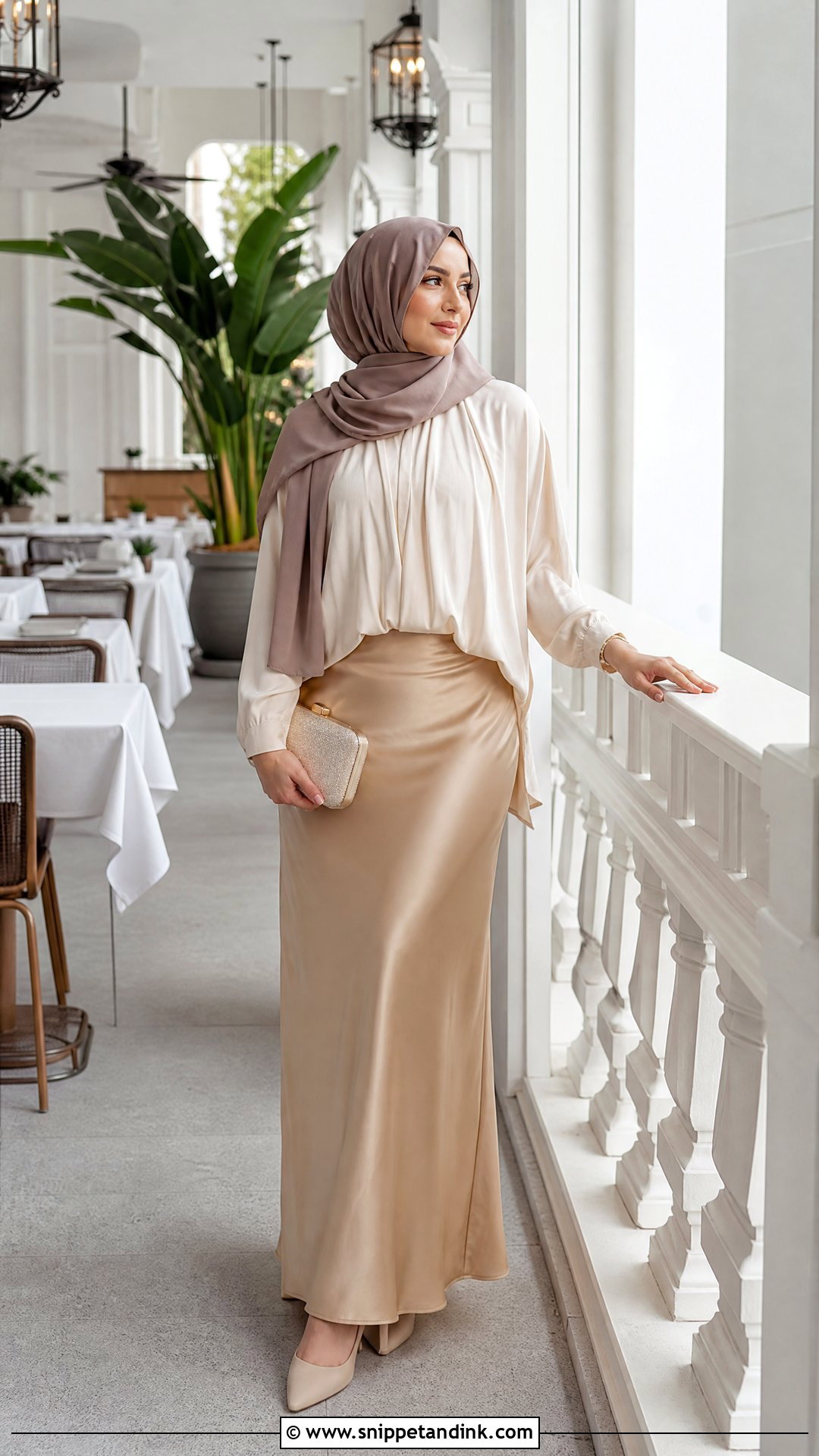Satin Maxi Skirt And Oversized Blouse Hijabi Honeymoon Outfit - Snippet and Ink - 20 Hijabi Honeymoon Outfits