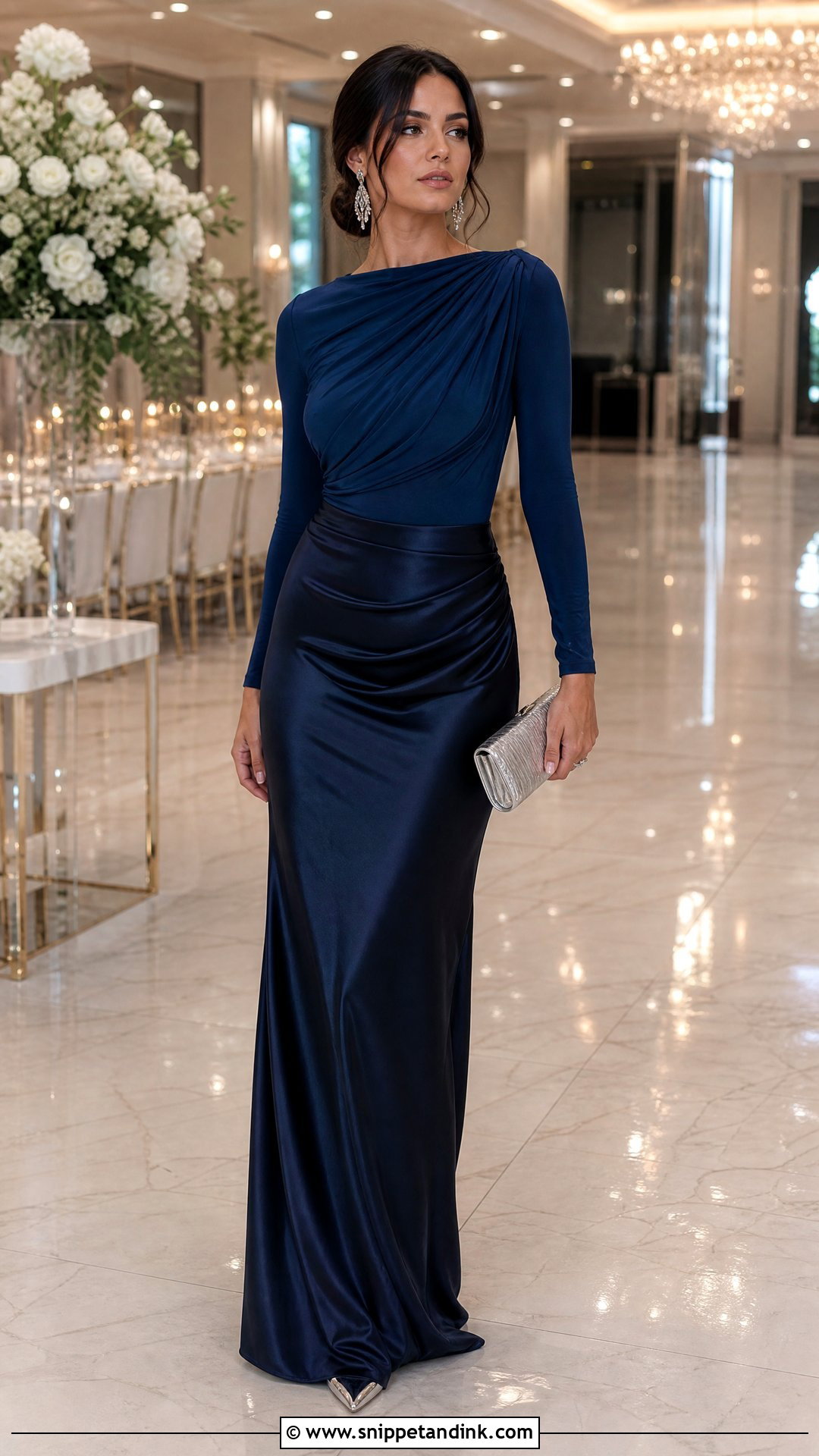 Satin Maxi Skirt With Draped Bodysuit - Snippet and Ink - 20 Satin Skirt Outfit for Wedding Ideas