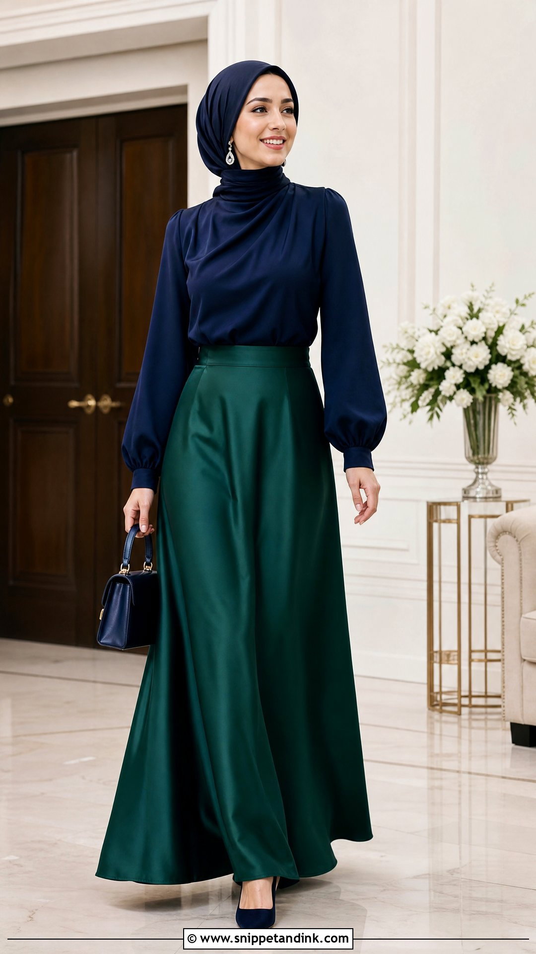 Satin Maxi Skirt With Long Sleeve Blouse - Snippet and Ink - 20 Satin Skirt Outfit for Wedding Ideas