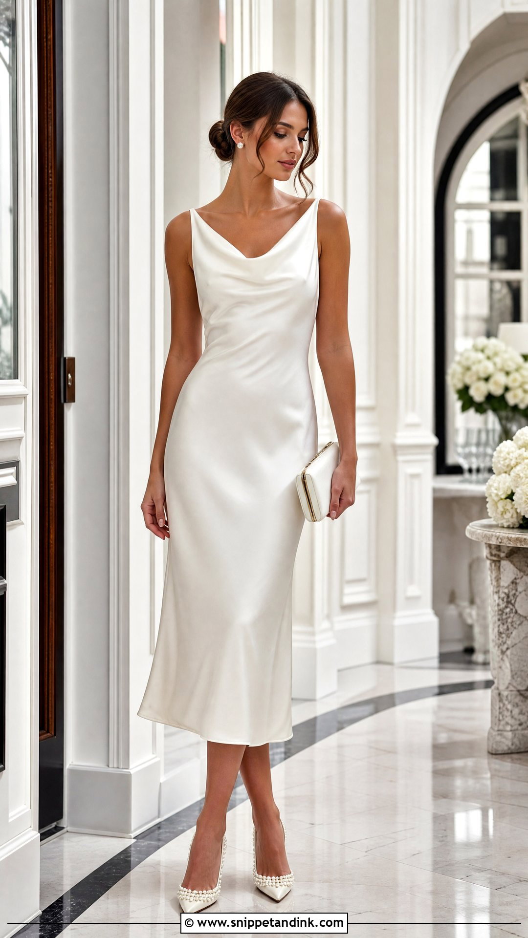 Satin Midi Bridal Dress With Pearl Heels - Snippet and Ink - 25 Midi Bridal Dress Ideas