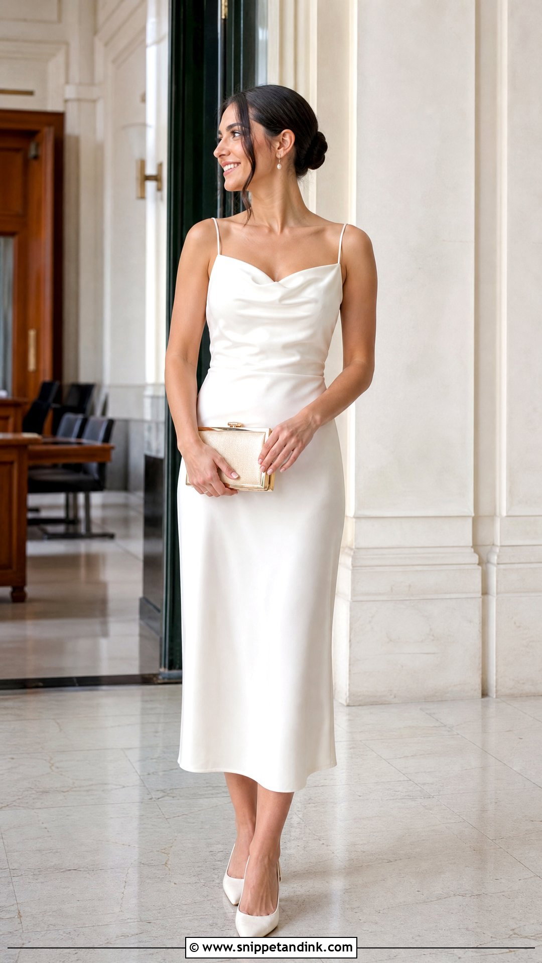 Satin Midi Courthouse Wedding Dress With Kitten Heels - Snippet and Ink - 20 Casual Courthouse Wedding Dress Ideas