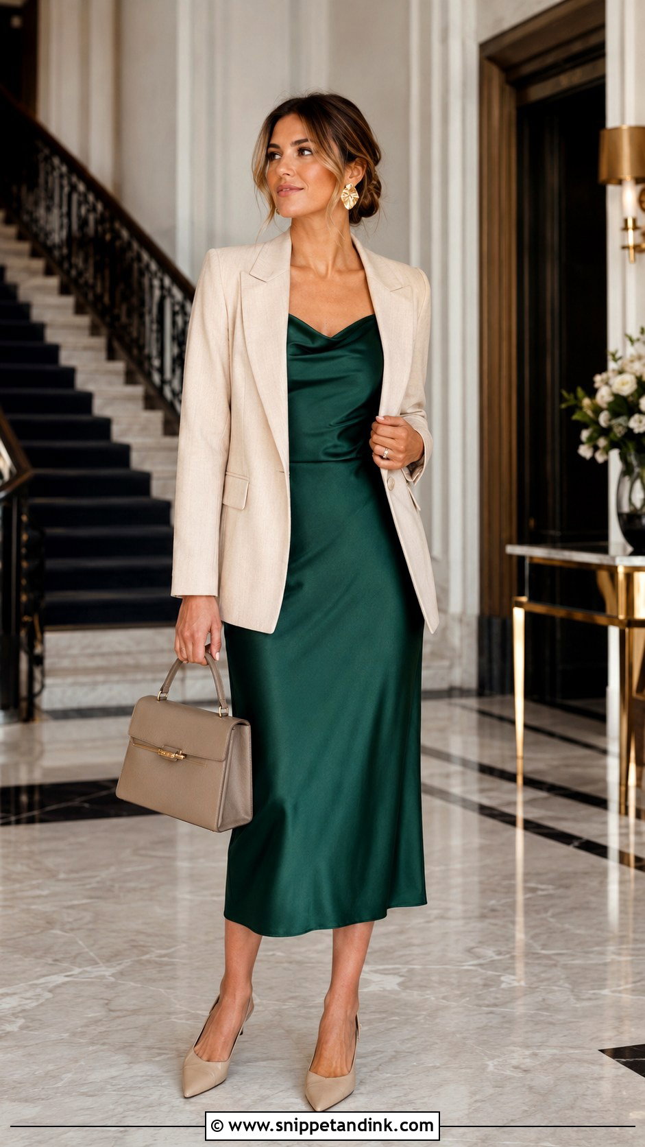 Satin Midi Dress And Blazer Afternoon Wedding Outfit - Snippet and Ink - 20 Afternoon Wedding Outfit Ideas