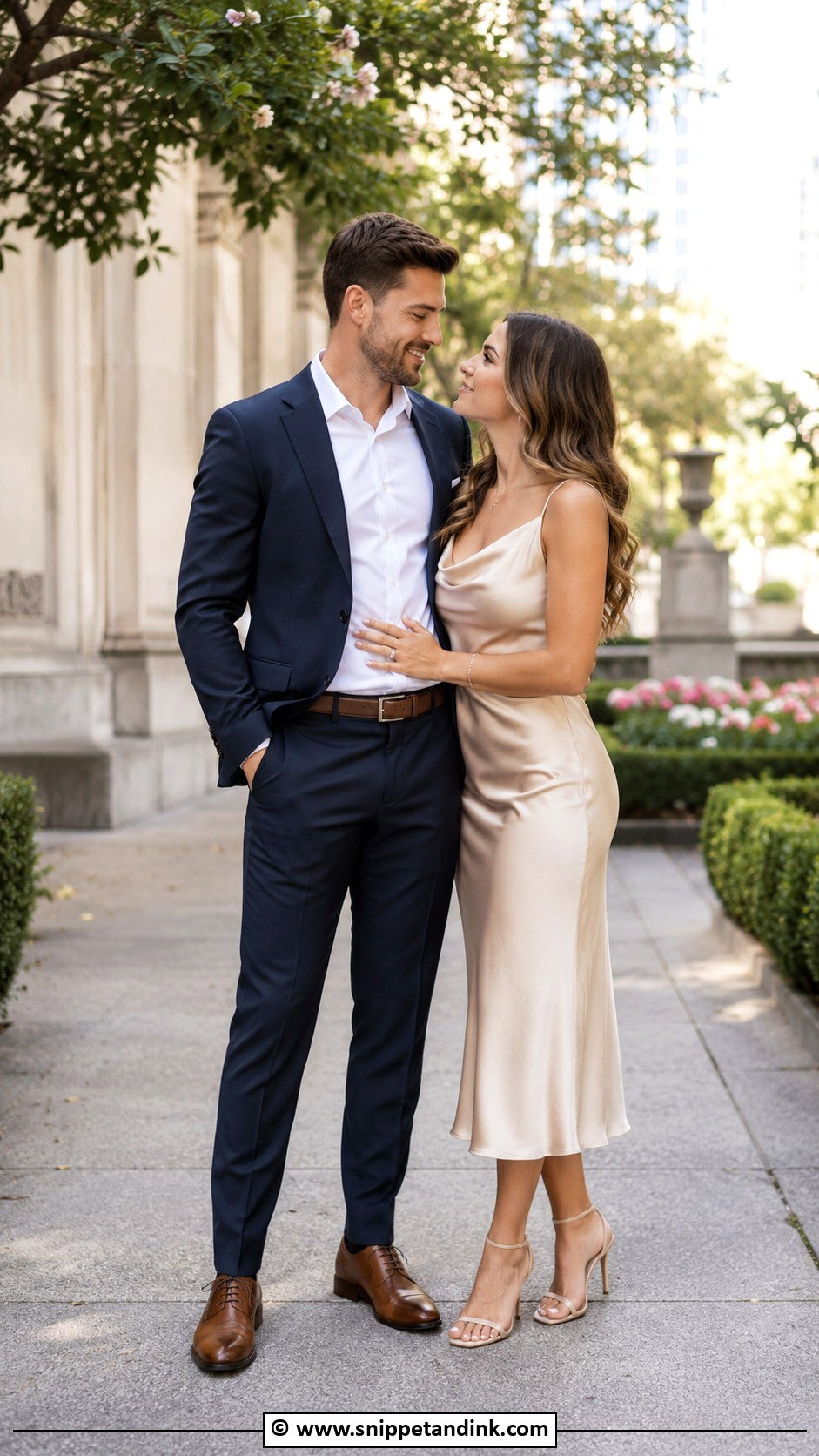 Satin Midi Dress And Navy Suit Couples Photoshoot Outfit - Snippet and Ink - 30 Couples Photoshoot Outfits