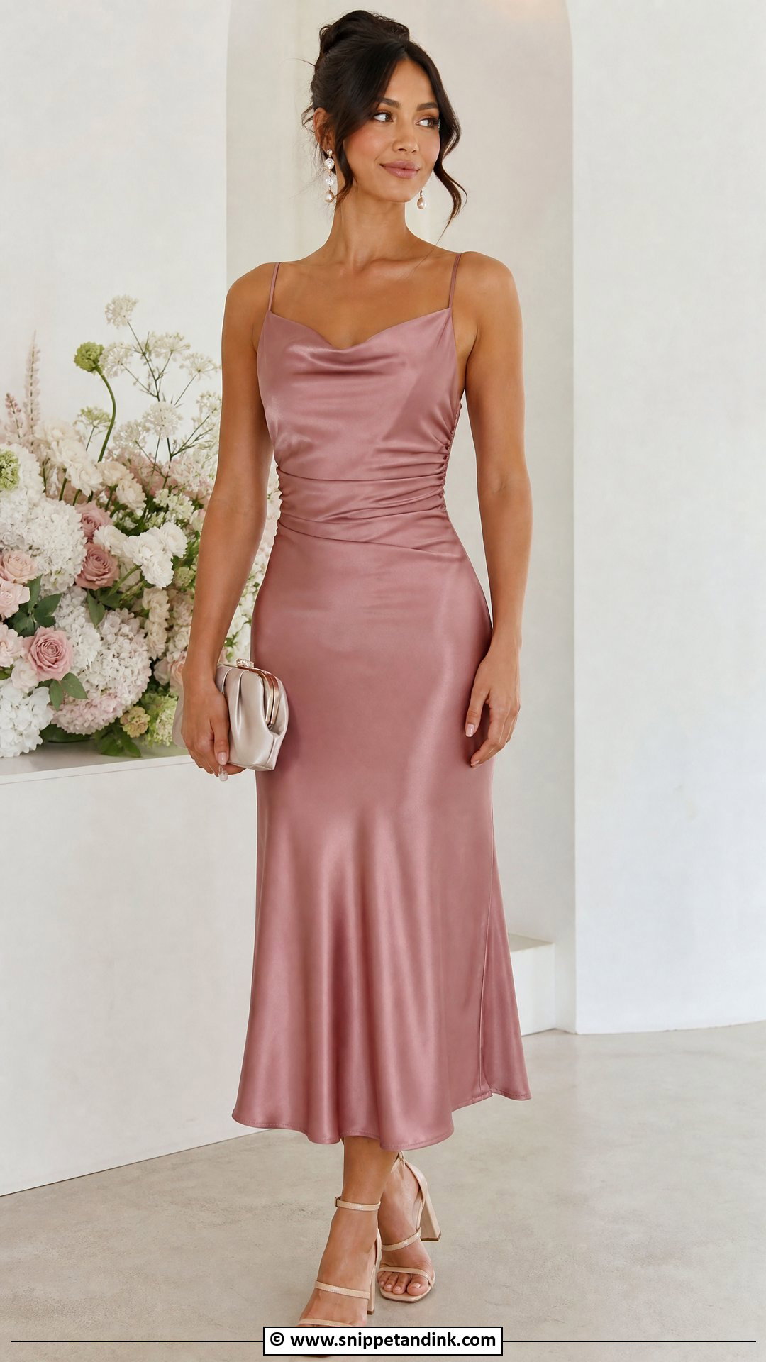 Satin Midi Dress Wedding Party Outfit - Snippet and Ink - 30 Wedding Party Outfits