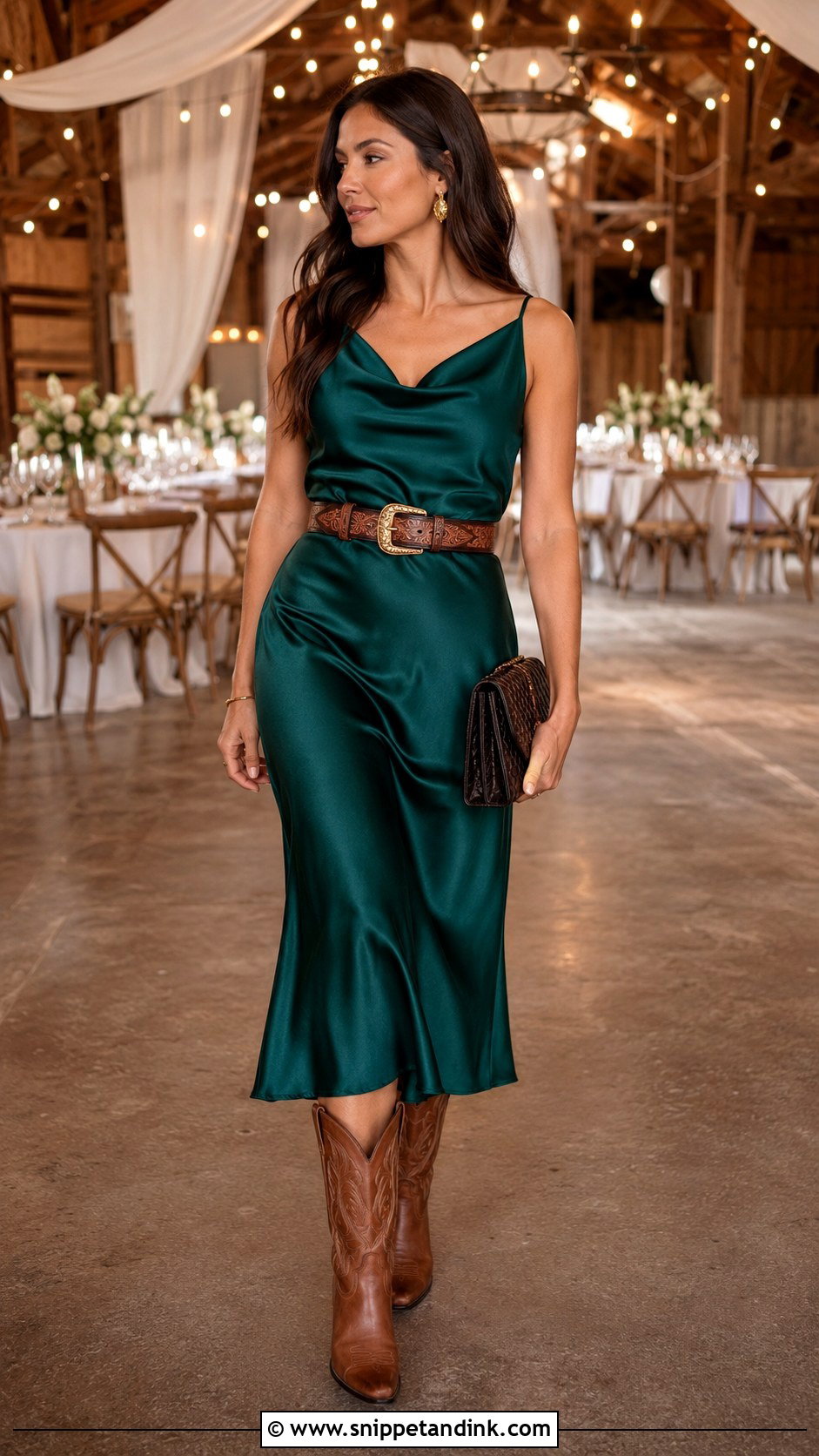 Satin Midi Dress With Western Belt - Snippet and Ink - 20 Cowboy Wedding Outfit Ideas